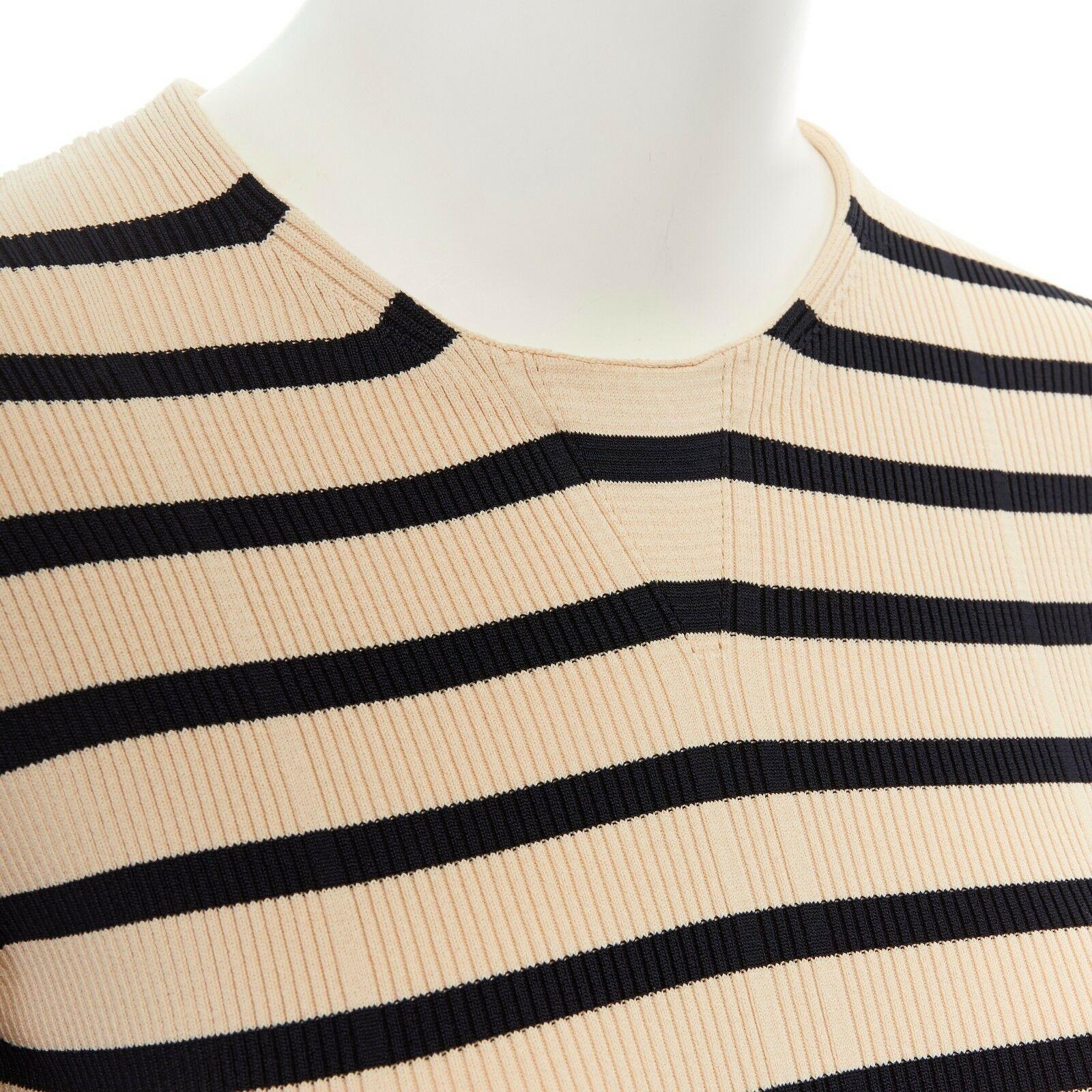 Women's CELINE PHILO beige black nautical stripe side slit ribbed stretch sweater top S