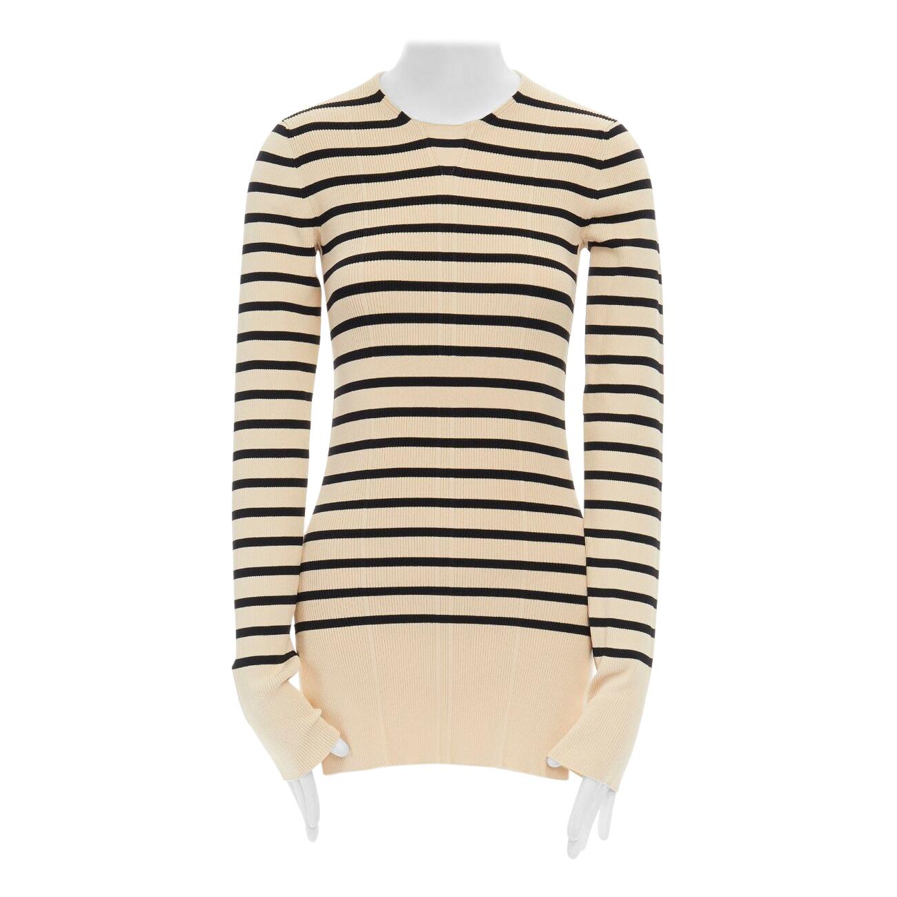 CELINE PHILO beige black nautical stripe side slit ribbed stretch sweater top S
