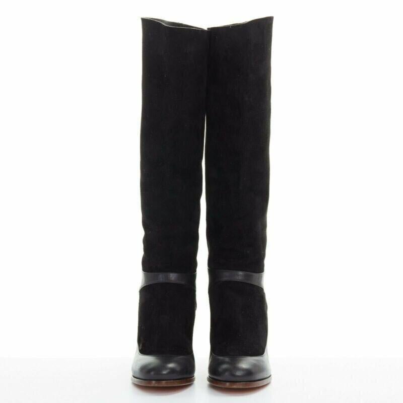 Noir Celine Philo Black Suede Sock Ankle Strap Chunky Wooden Heel Tall Boot Eu35.5 en vente