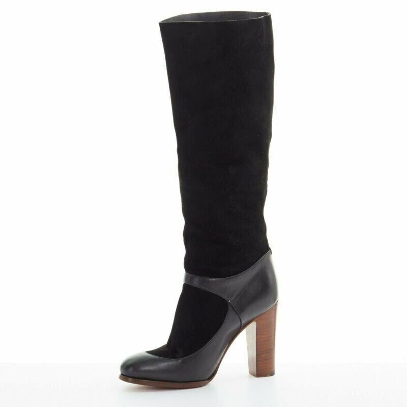CELINE PHILO black suede sock ankle strap chunky wooden heel tall boot EU35.5 In Good Condition For Sale In Hong Kong, NT