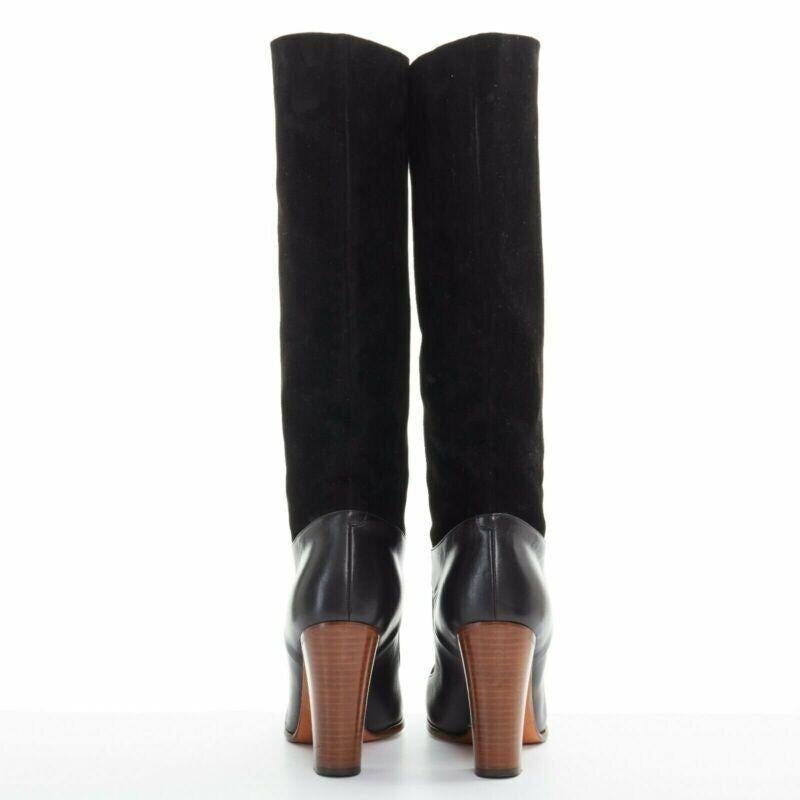 Celine Philo Black Suede Sock Ankle Strap Chunky Wooden Heel Tall Boot Eu35.5 Pour femmes en vente