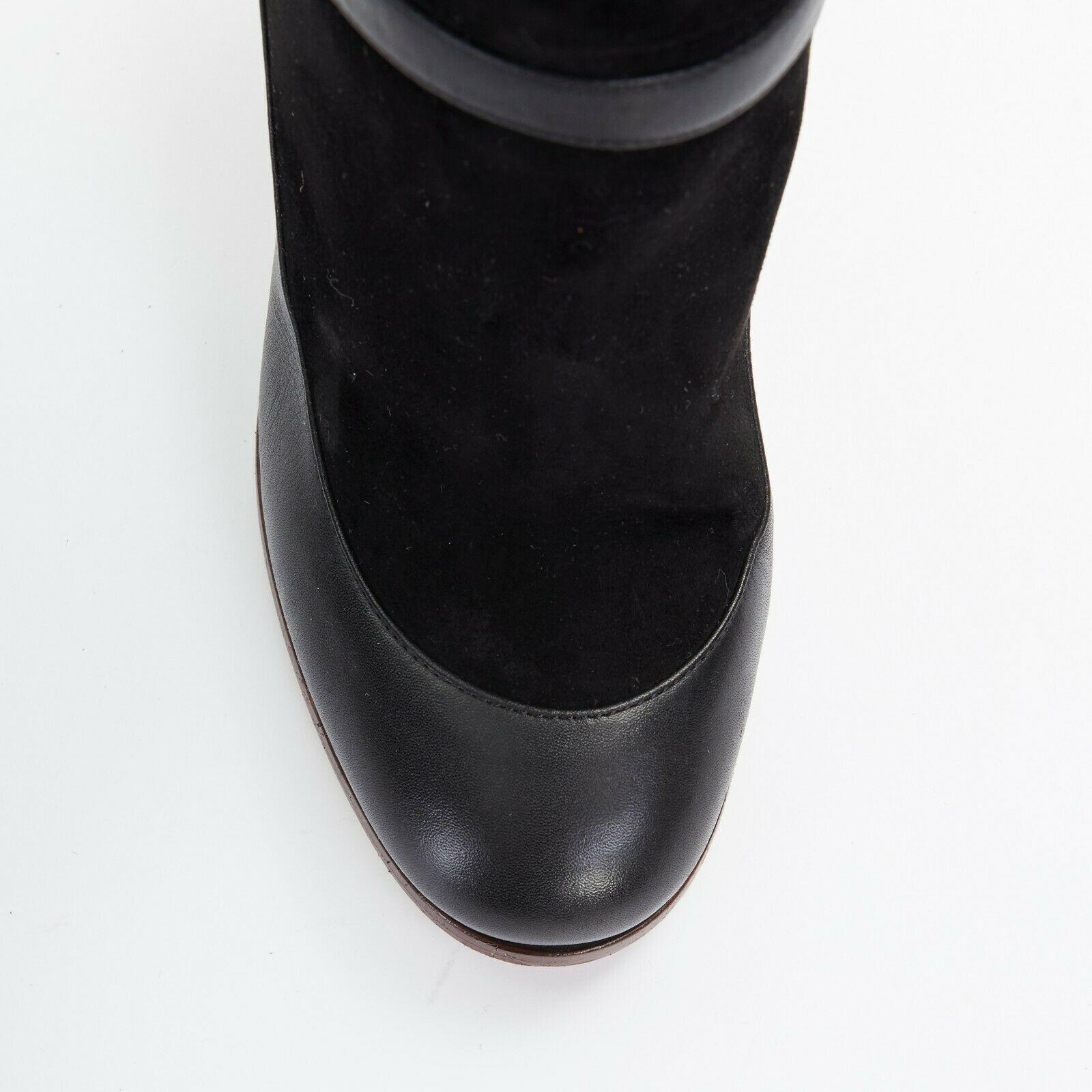 CELINE PHILO black suede sock ankle strap chunky wooden heel tall boot EU35.5 In Good Condition In Hong Kong, NT