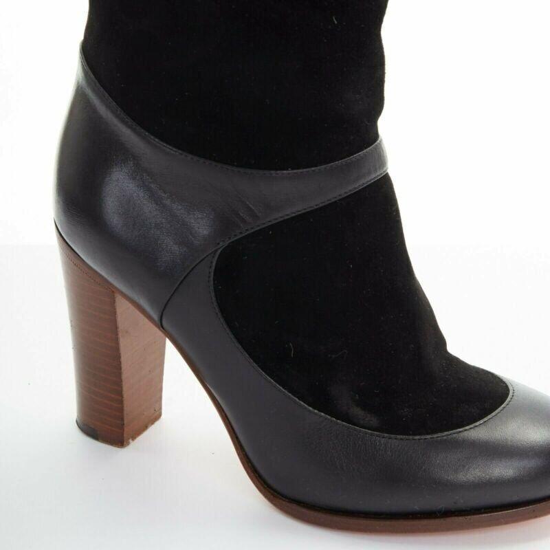 Celine Philo Black Suede Sock Ankle Strap Chunky Wooden Heel Tall Boot Eu35.5 en vente 3