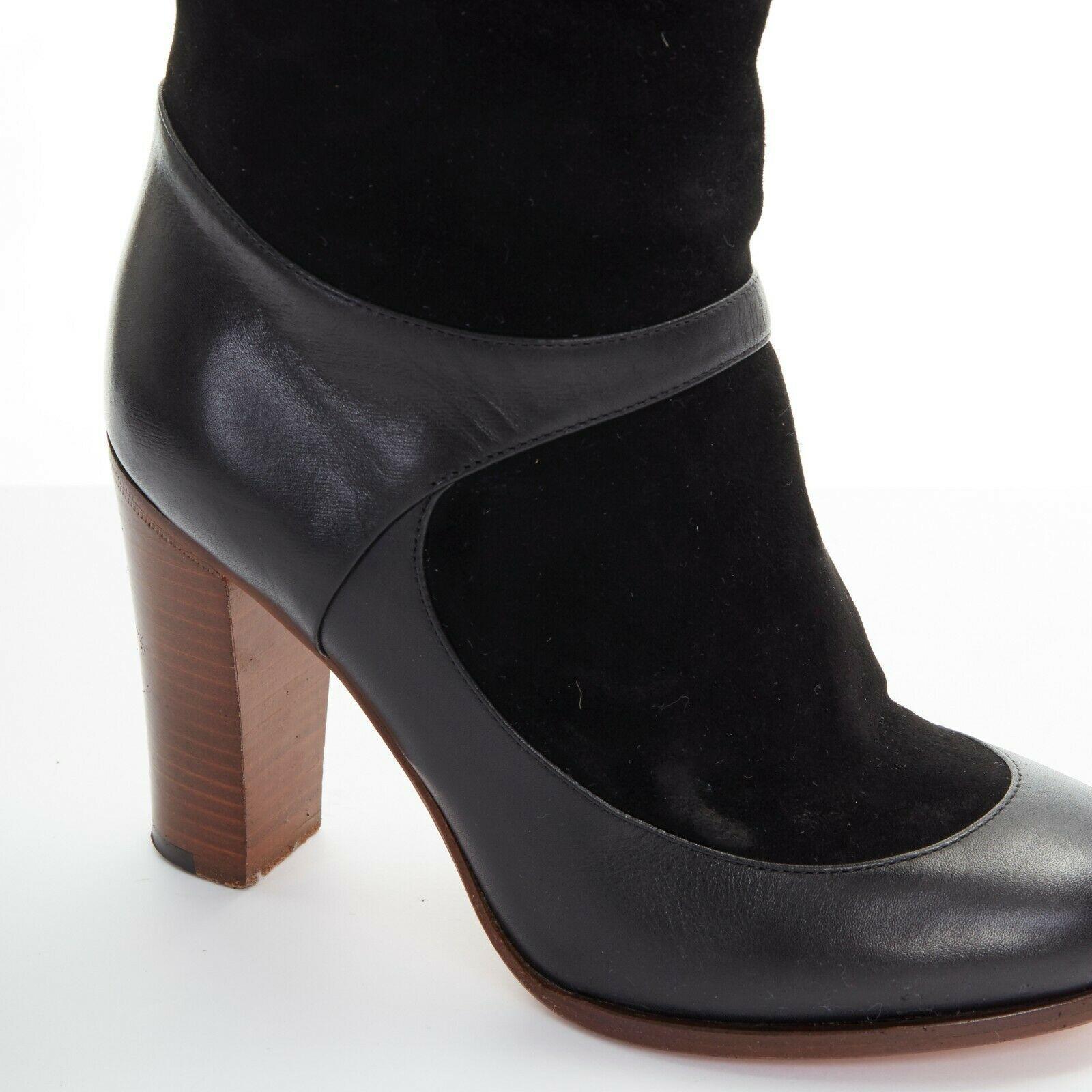 Women's CELINE PHILO black suede sock ankle strap chunky wooden heel tall boot EU35.5