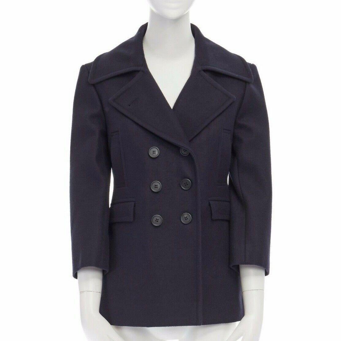 Black CELINE PHILO navy blue 100% wool wide collar double breasted coat jacket FR36 S