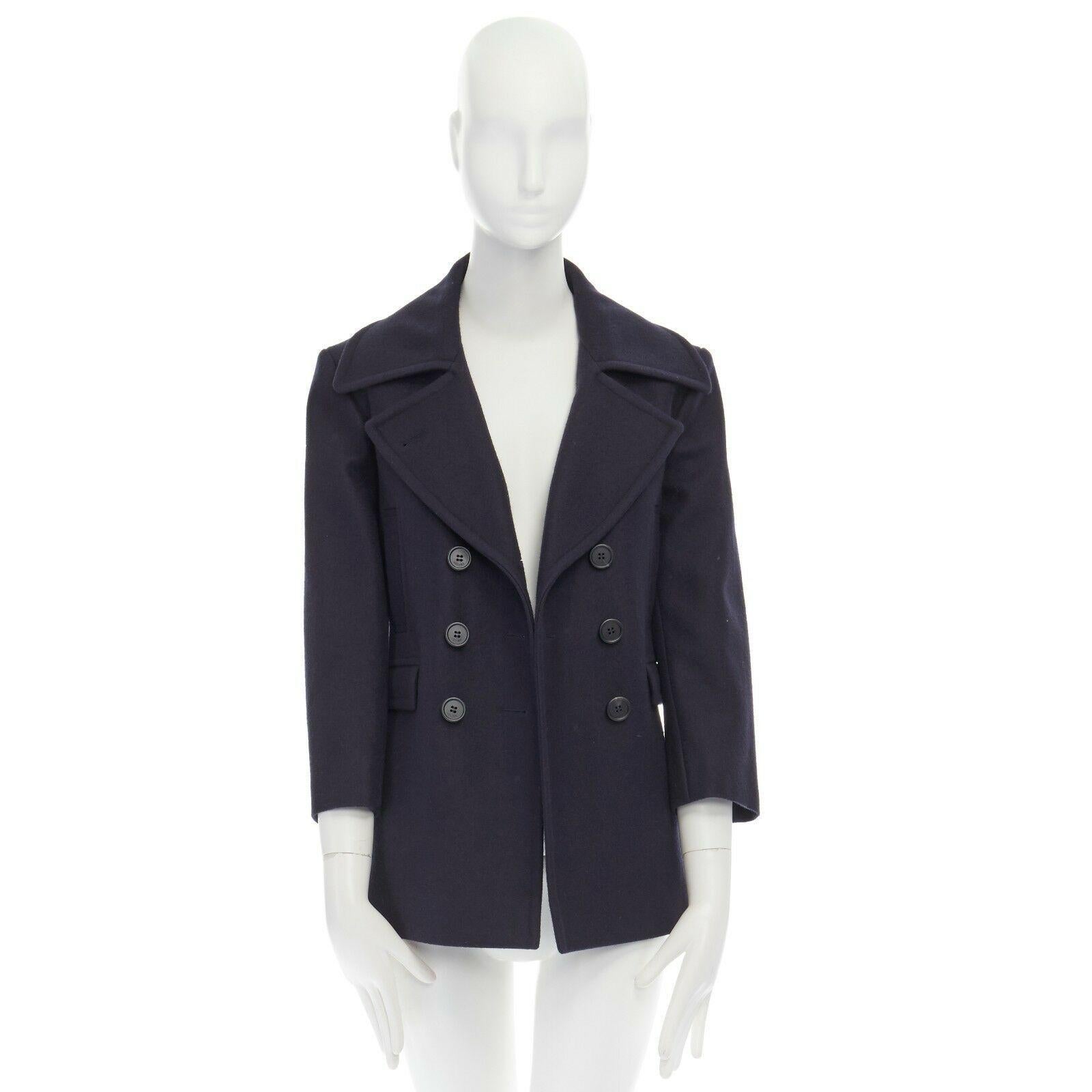 CELINE PHILO navy blue 100% wool wide collar double breasted coat jacket FR36 S In Excellent Condition In Hong Kong, NT