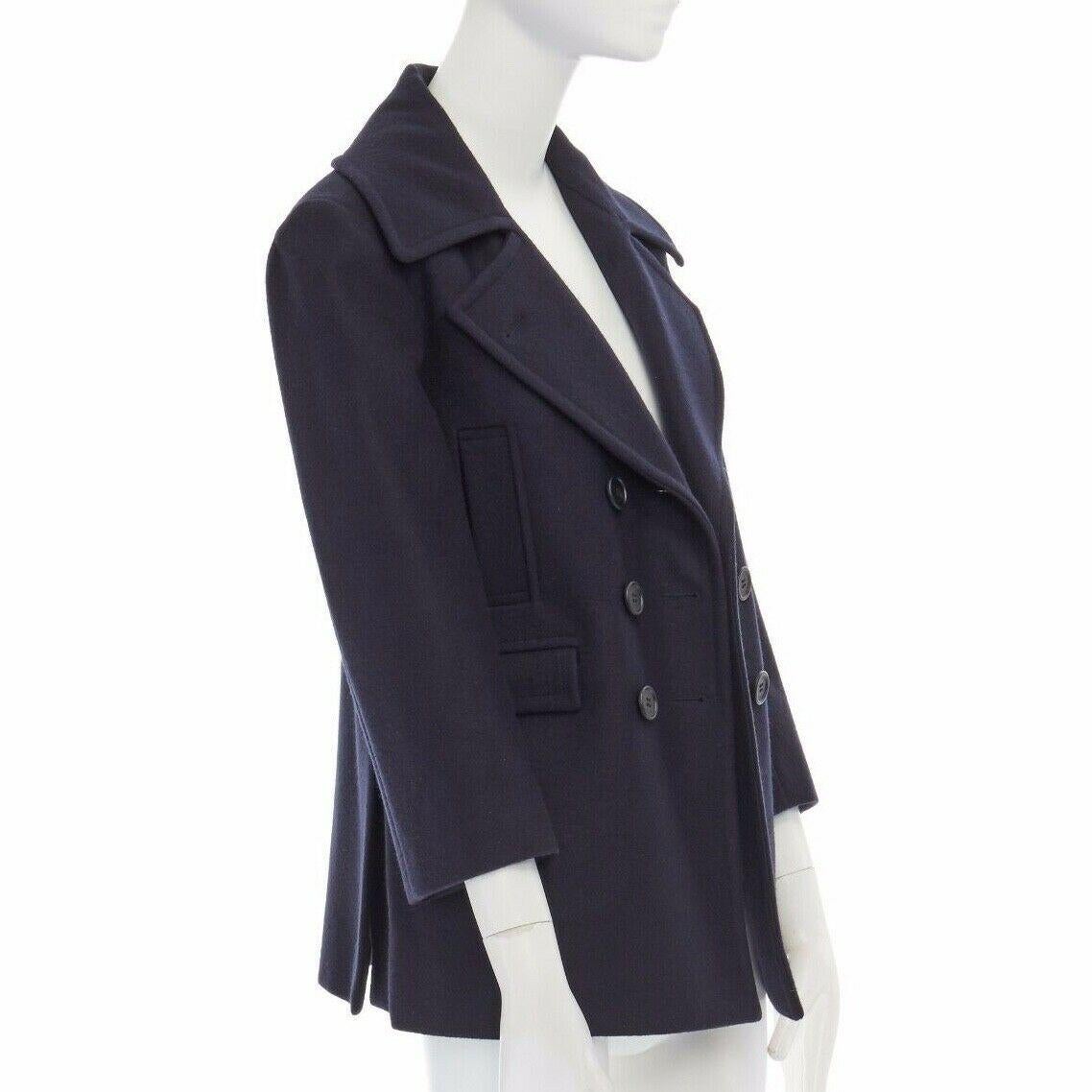 Women's CELINE PHILO navy blue 100% wool wide collar double breasted coat jacket FR36 S