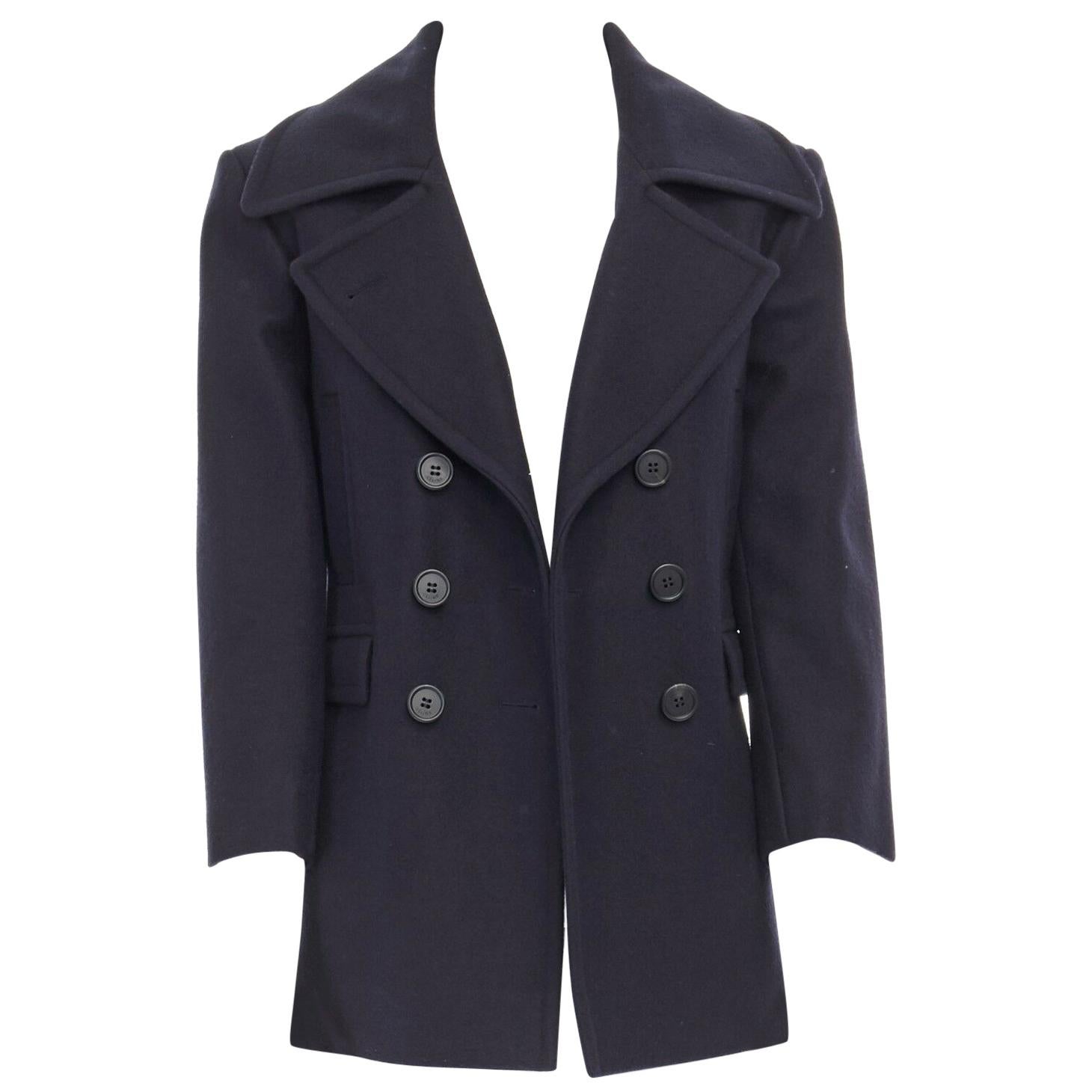 CELINE PHILO navy blue 100% wool wide collar double breasted coat jacket FR36 S