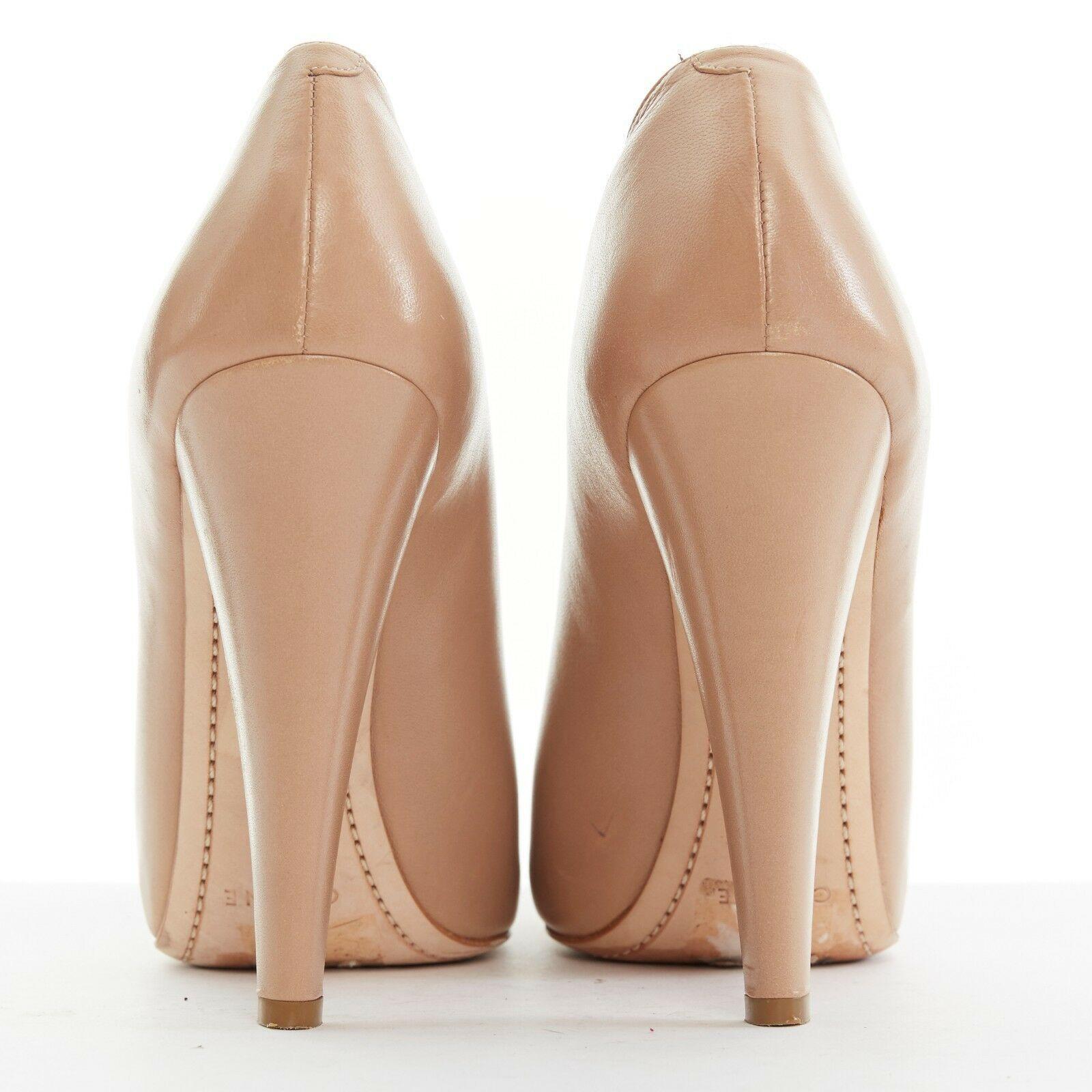 Women's CELINE PHILO nude soft leather V-neck slit peeptoe chunky high heel EU37 US7 UK4