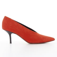 CELINE PHILO red suede V-neck pointed toe black slim heel pumps EU38
