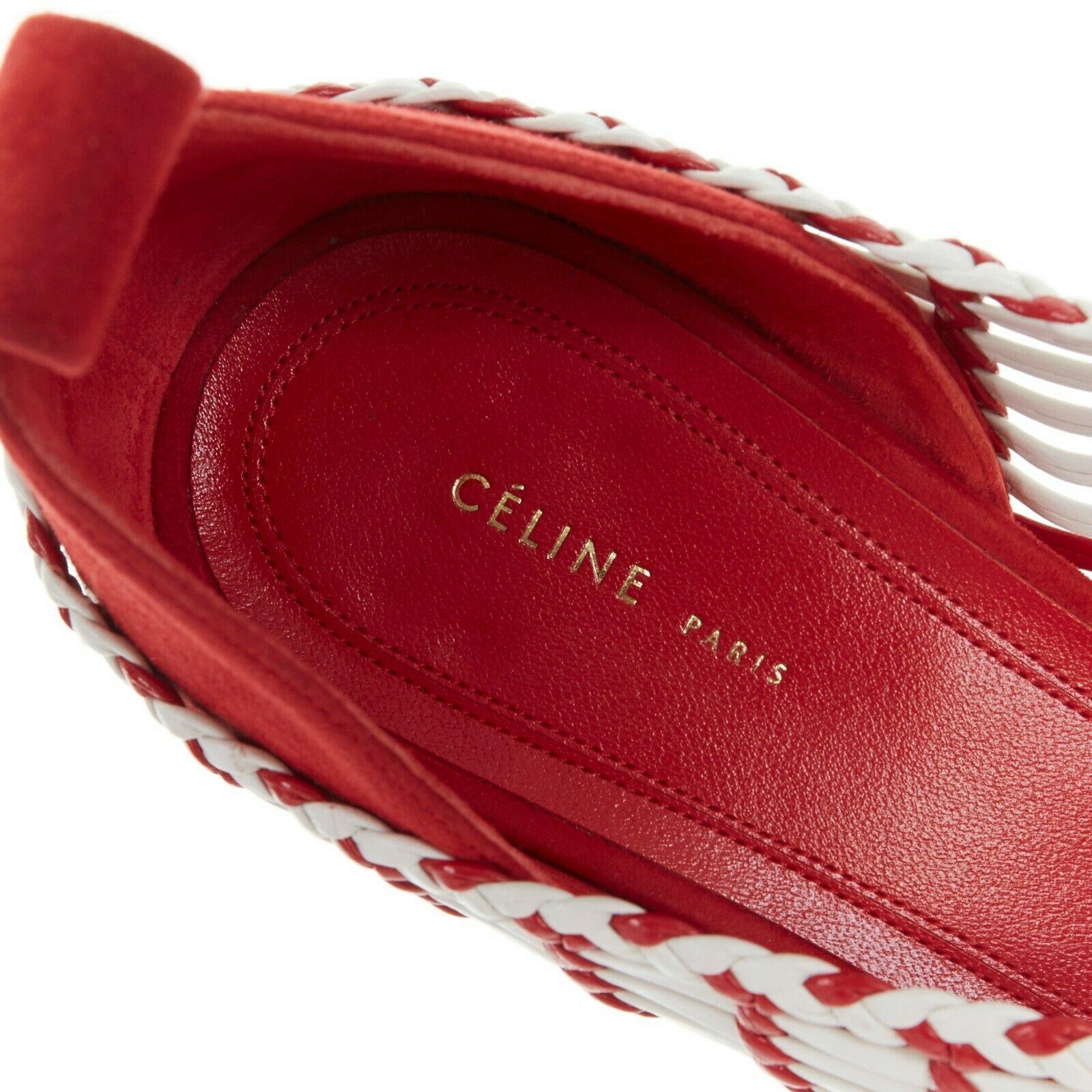 CELINE PHILO red white checkered woven leather pointy kitten hee pumpl EU38 4