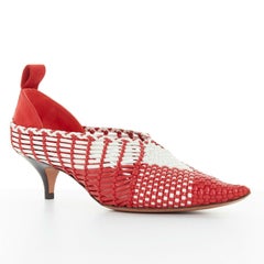 CELINE PHILO red white checkered woven leather pointy kitten hee pumpl EU38