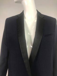 Celine Phoebe Philo 2012 Crombie Coat Dark Blue Wool & Black Satin 34