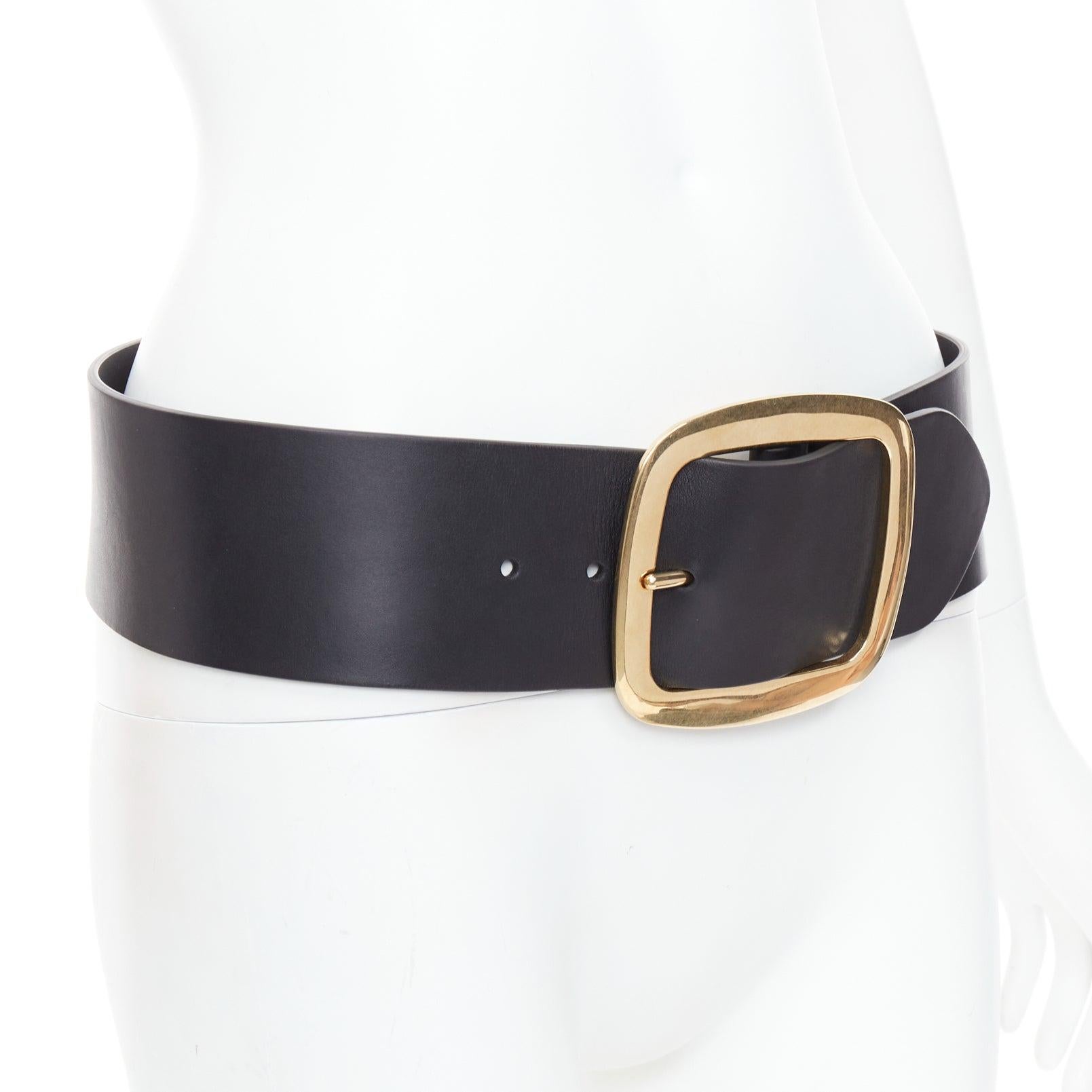 Black CELINE PHOEBE PHILO 2012 Runway black leather large gold buckle oversized belt M For Sale