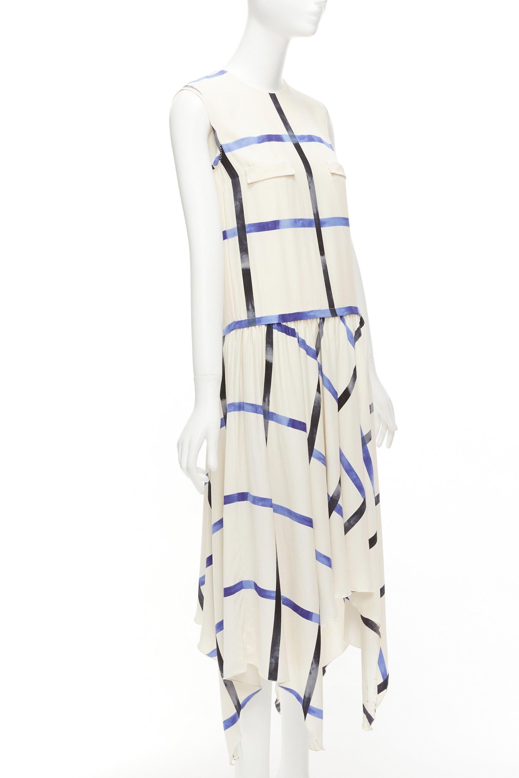 CELINE Phoebe Philo 2014 Runway cream blue 100% silk bias cut dress In Fair Condition In Hong Kong, NT
