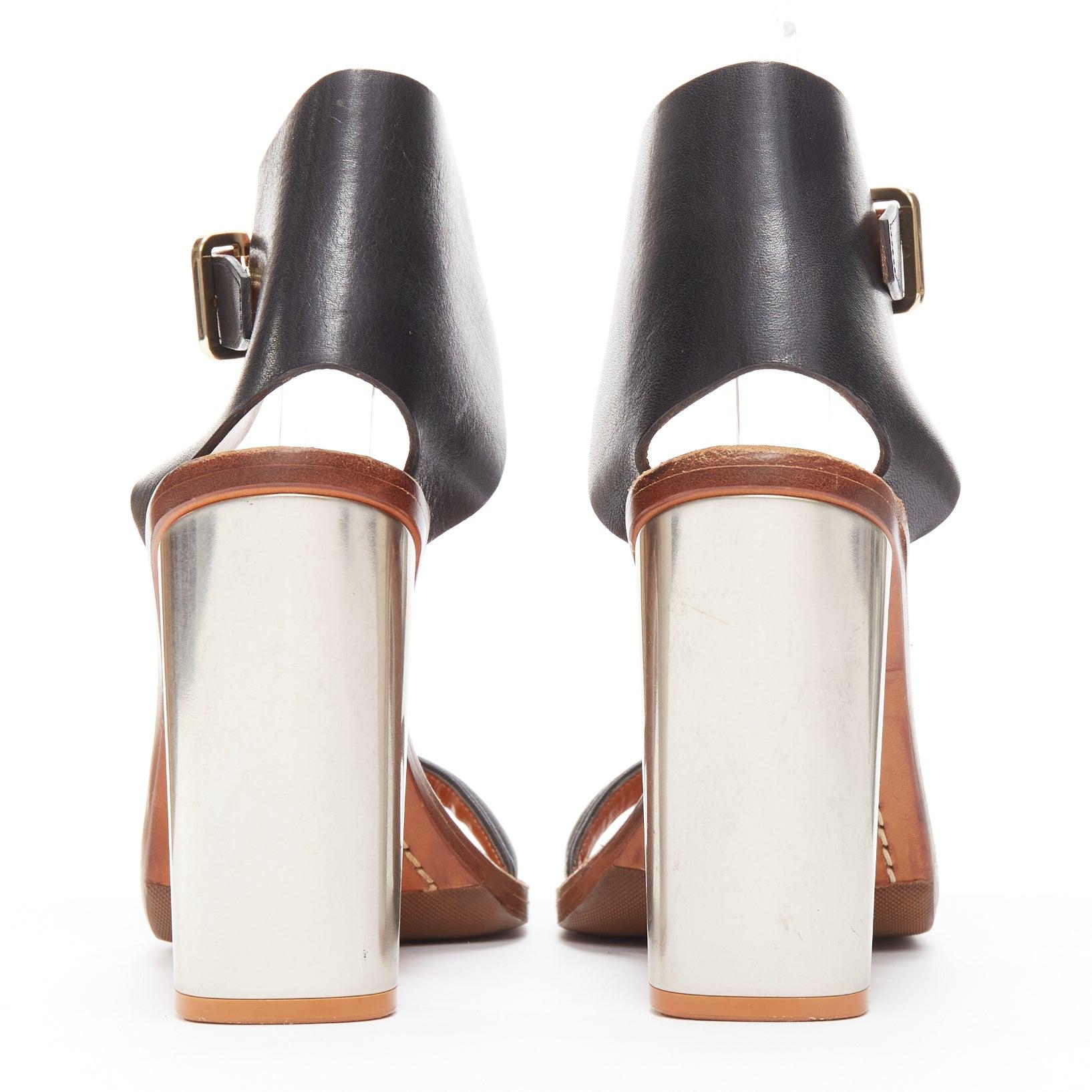 CELINE Phoebe Philo Bam Bam black open toe silver metal block heel sandal EU37 For Sale 1