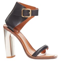 CELINE Phoebe Philo Bam Bam sandalia negra con punta abierta y tacón en bloque de metal plateado EU37
