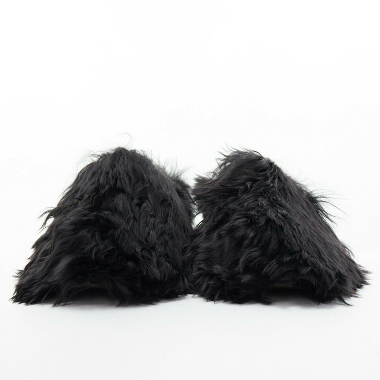 CELINE PHOEBE PHILO black alpaca long fur slip on mule clog slippers ...