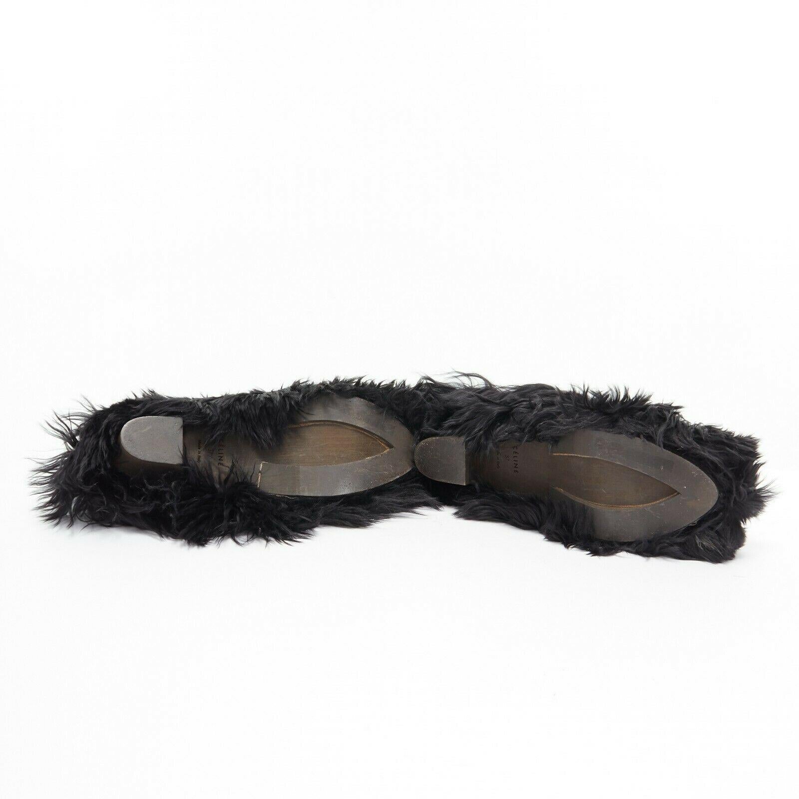 Black CELINE PHOEBE PHILO black alpaca long fur slip on mule clog slippers EU37