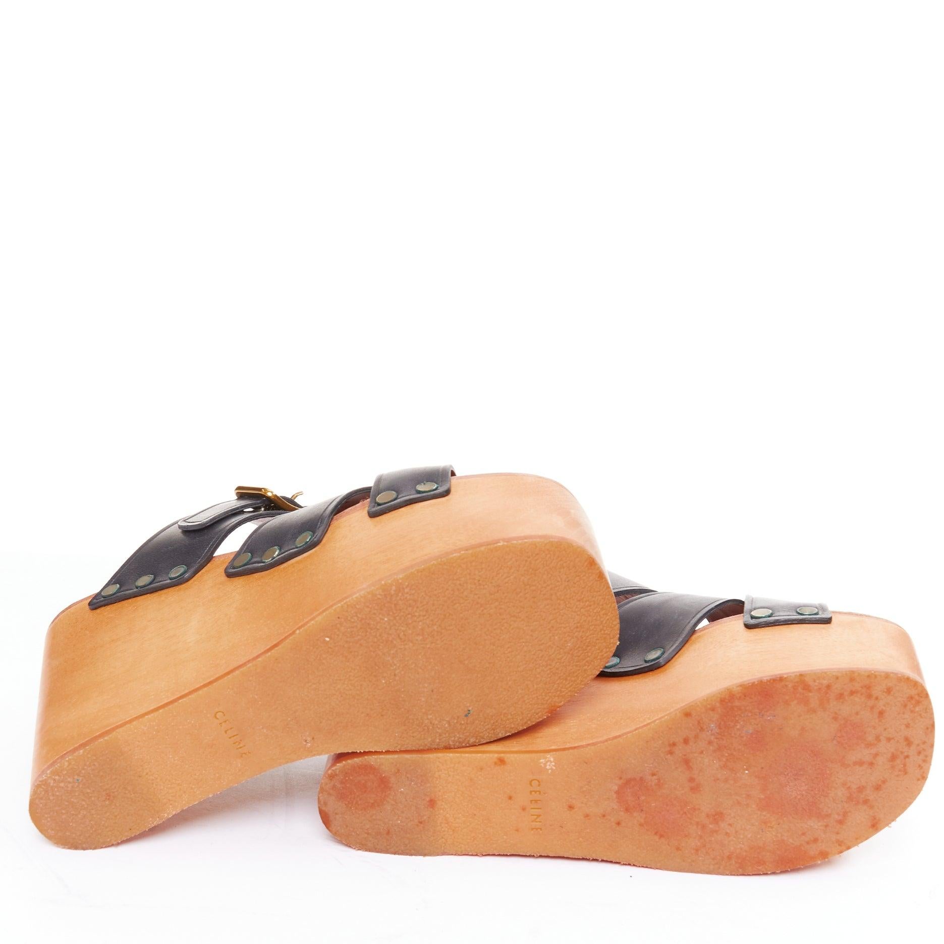 CELINE Phoebe Philo black brown calf wooden platform clog sandals