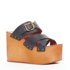 CELINE Phoebe Philo black brown calf wooden platform clog sandals EU37