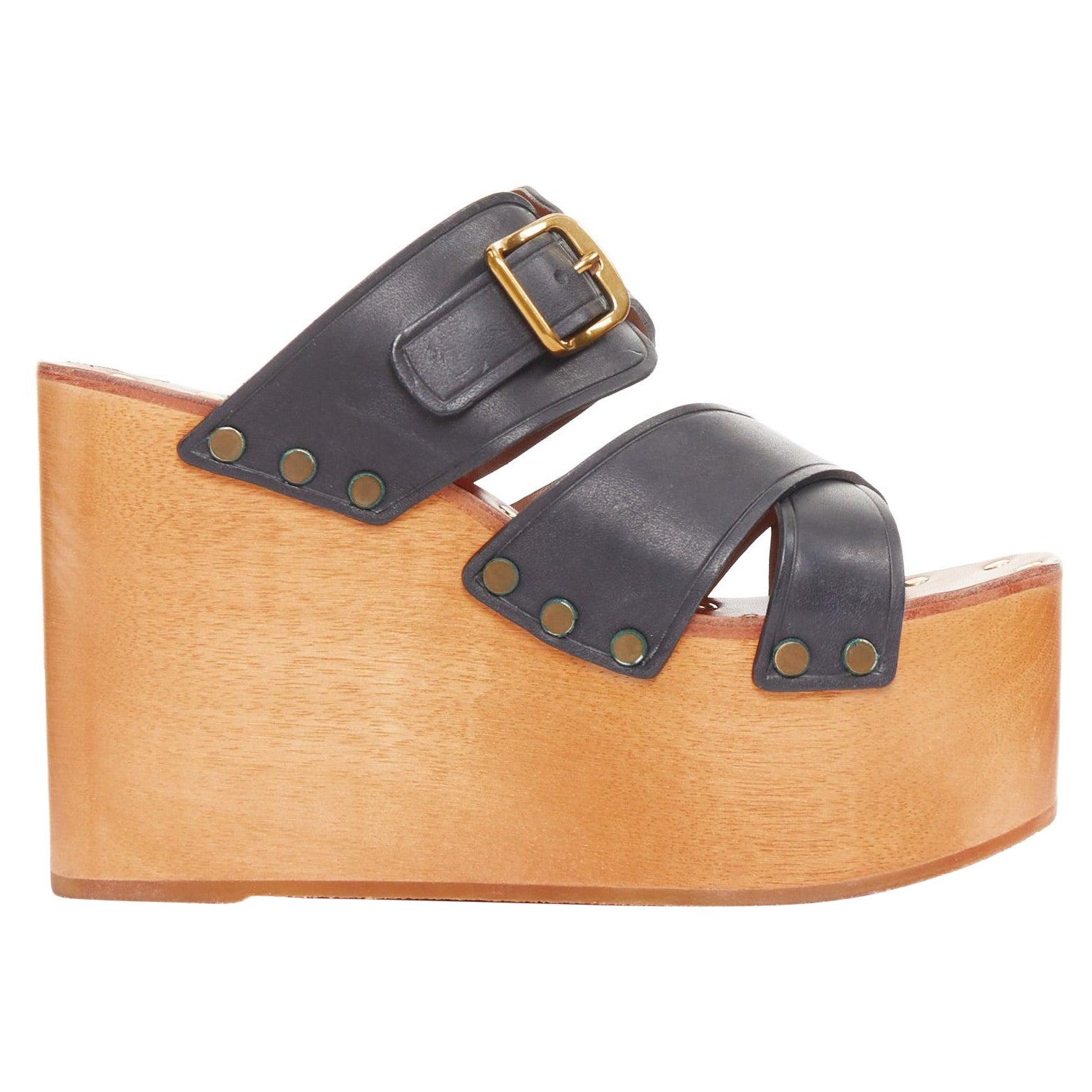 CELINE Phoebe Philo black brown calf wooden platform clog sandals EU37