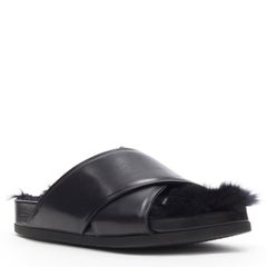 CELINE PHOEBE PHILO black rabbit fur lined cross strap flat sandals slides EU36