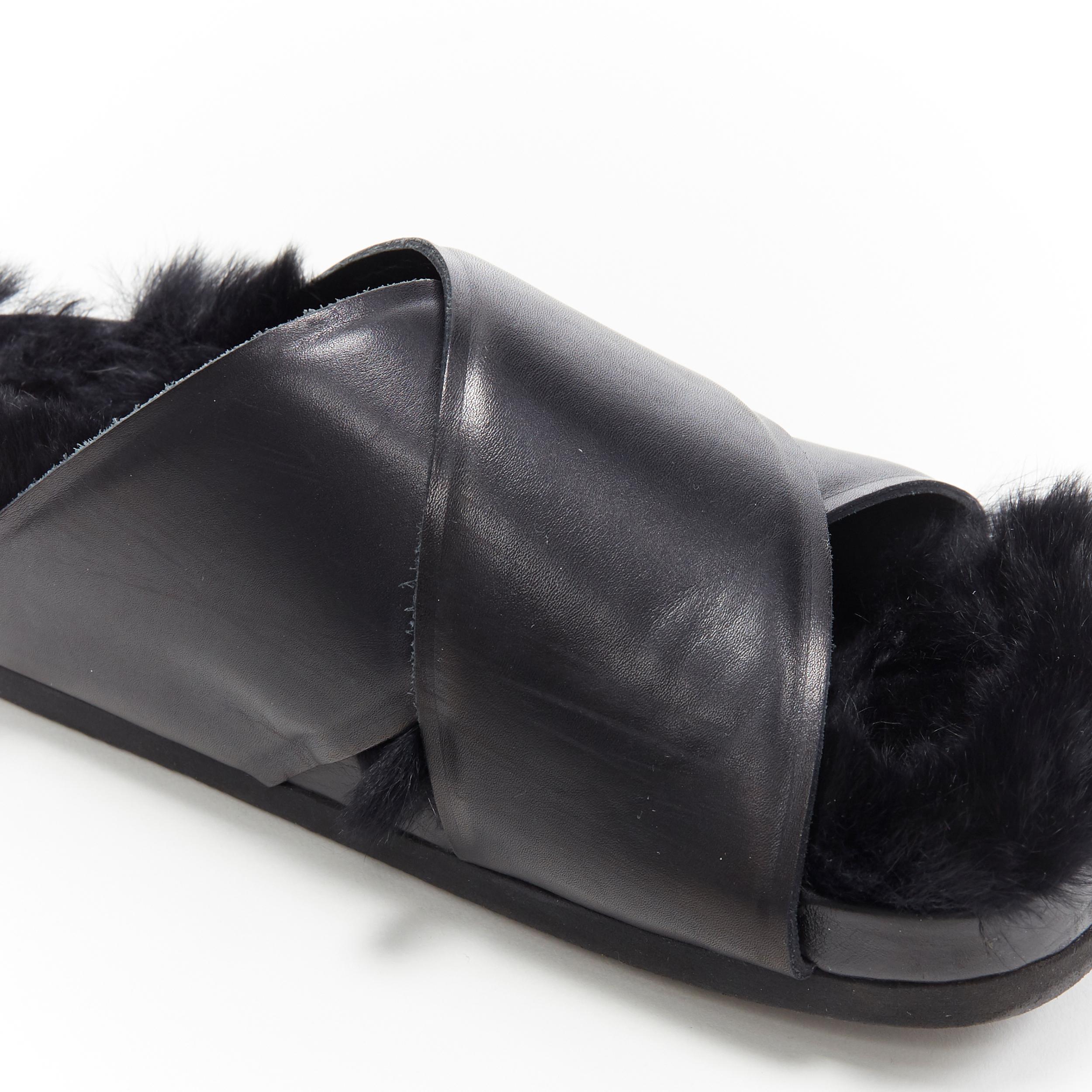 CELINE PHOEBE PHILO black rabbit fur lined cross strap flat sandals slides EU36 In Good Condition In Hong Kong, NT