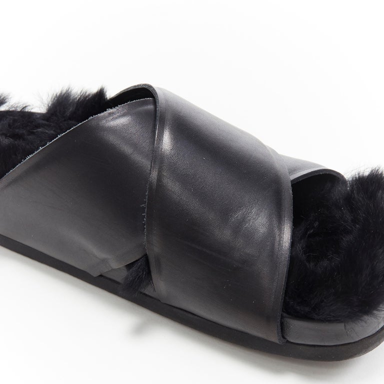 CELINE PHOEBE PHILO black rabbit fur lined cross strap flat sandals ...