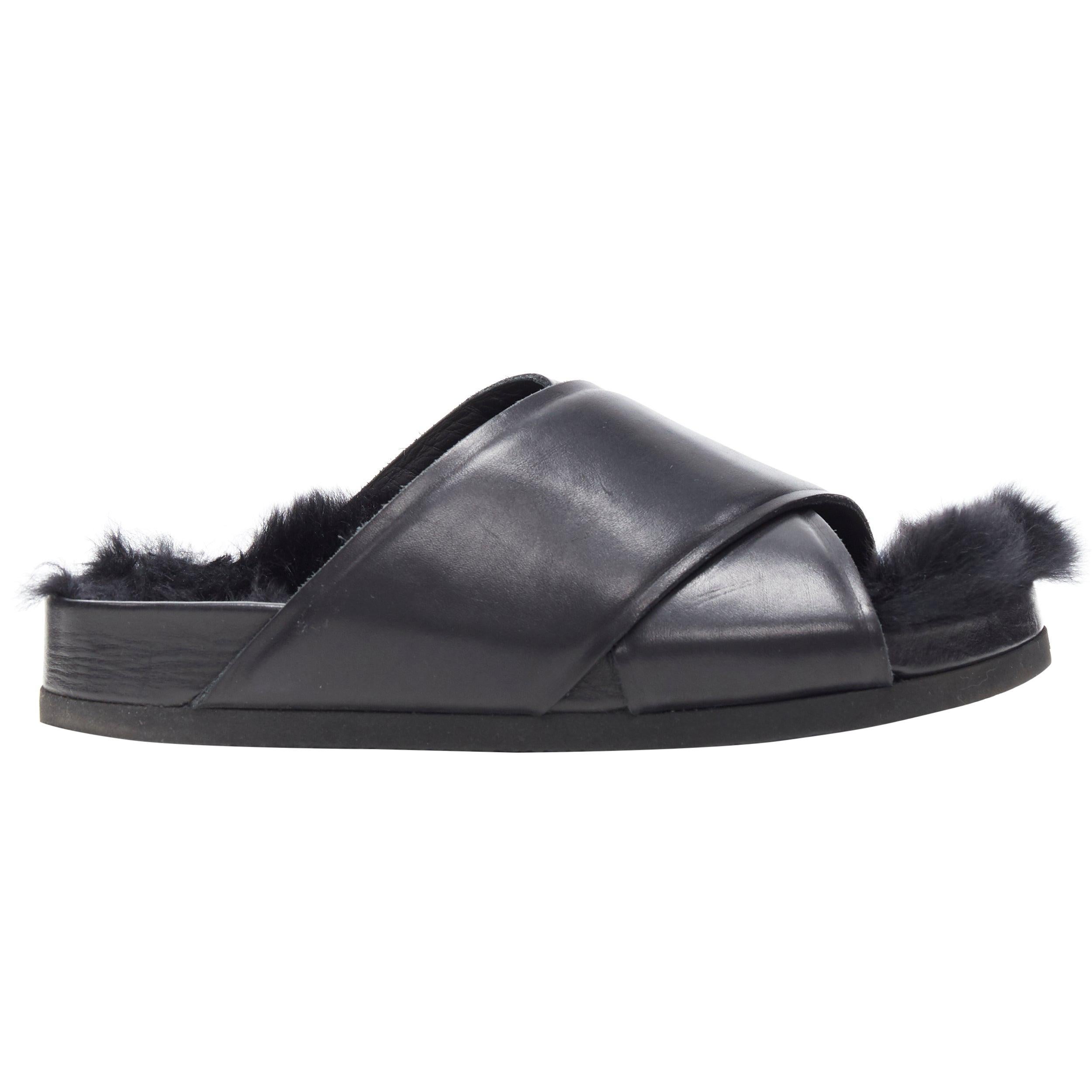 CELINE PHOEBE PHILO black rabbit fur lined cross strap flat sandals slides EU36