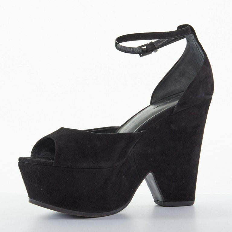 CELINE PHOEBE PHILO black suede cut out platform wedge ankle cuff heels ...