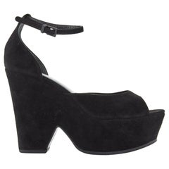 CELINE PHOEBE PHILO black suede cut out platform wedge ankle cuff heels EU36