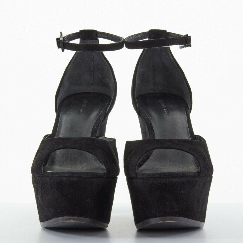 Black CELINE PHOEBE PHILO black suede cut out platform wedge ankle cuff heels EU36 US6 For Sale