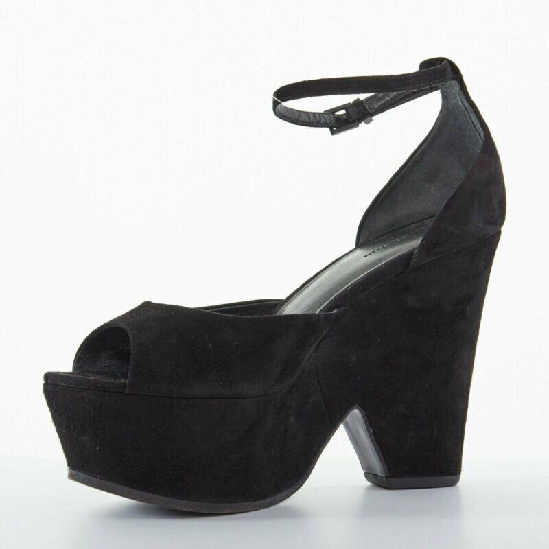 CELINE PHOEBE PHILO black suede cut out platform wedge ankle cuff heels EU36 US6 In Good Condition For Sale In Hong Kong, NT