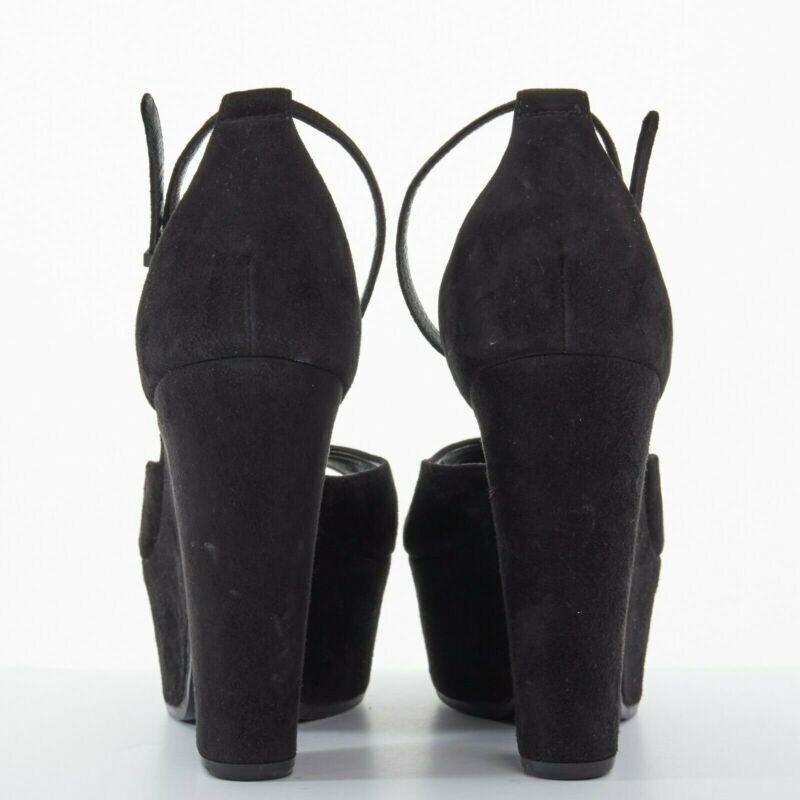 Women's CELINE PHOEBE PHILO black suede cut out platform wedge ankle cuff heels EU36 US6 For Sale