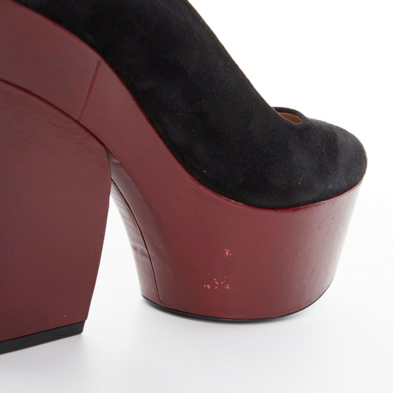 Women's CELINE PHOEBE PHILO black suede red platform wedge wide ankle cuff heels EU38.5