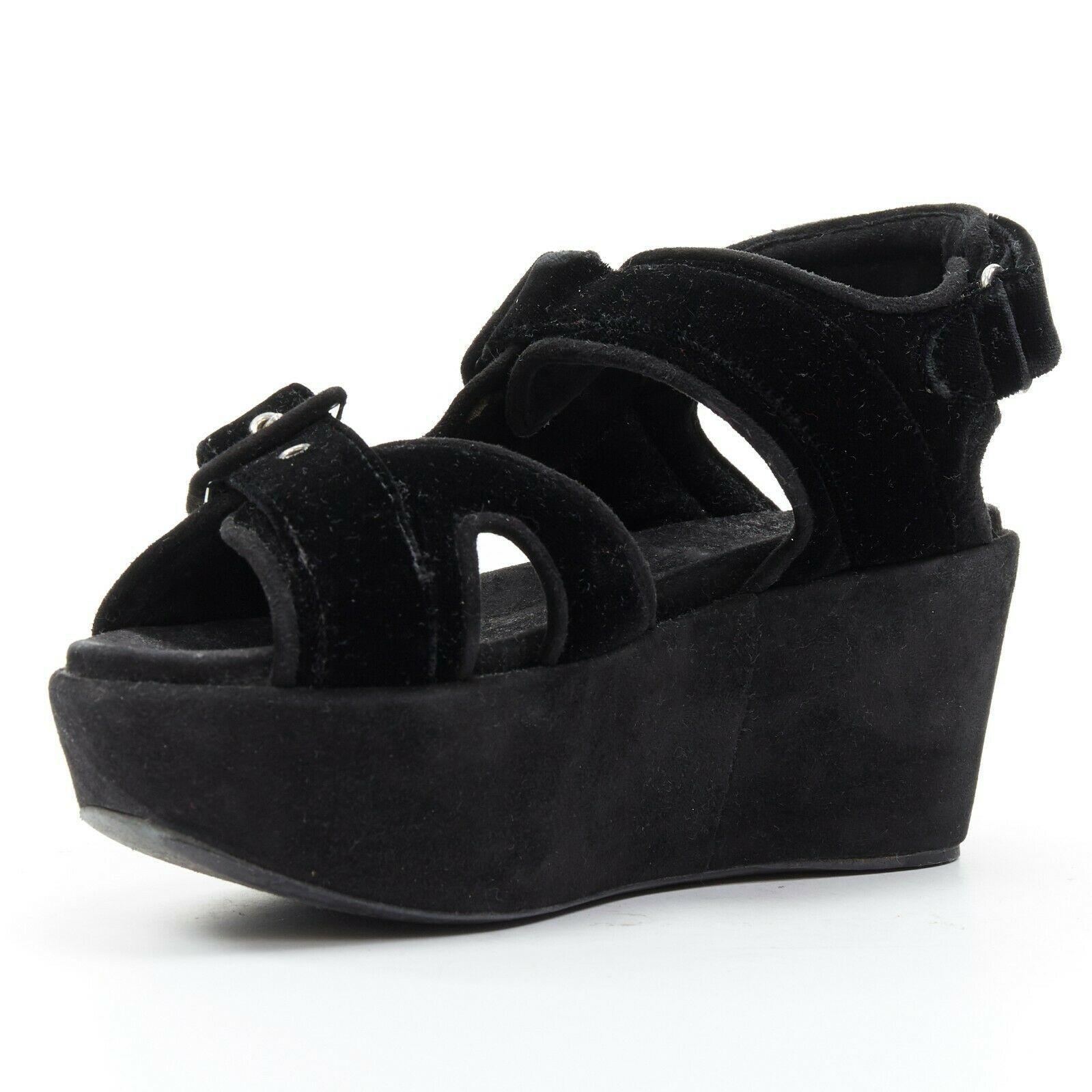 Black CELINE PHOEBE PHILO black velvet sportive buckle strap flatform sandals EU37