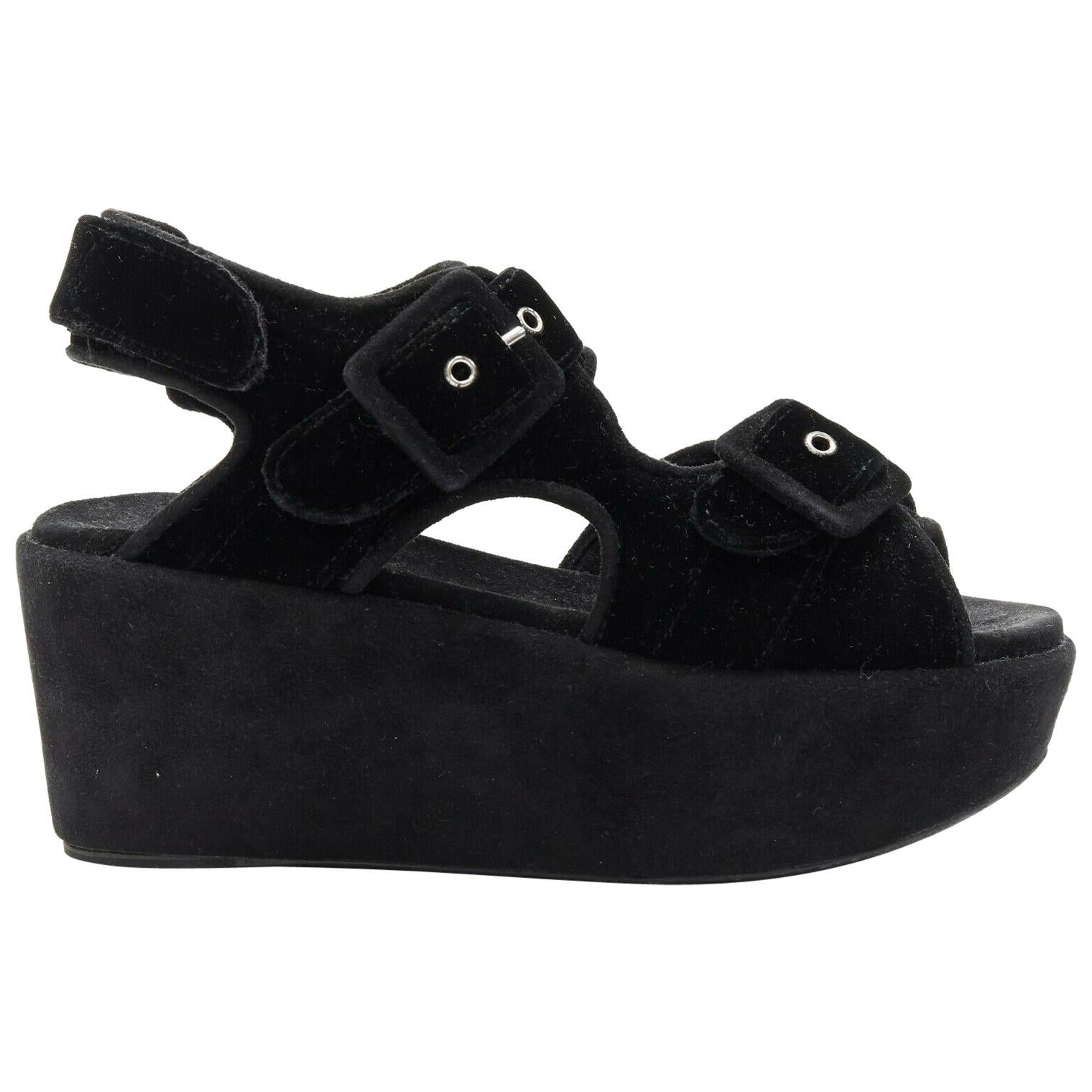 CELINE PHOEBE PHILO black velvet sportive buckle strap flatform sandals EU37