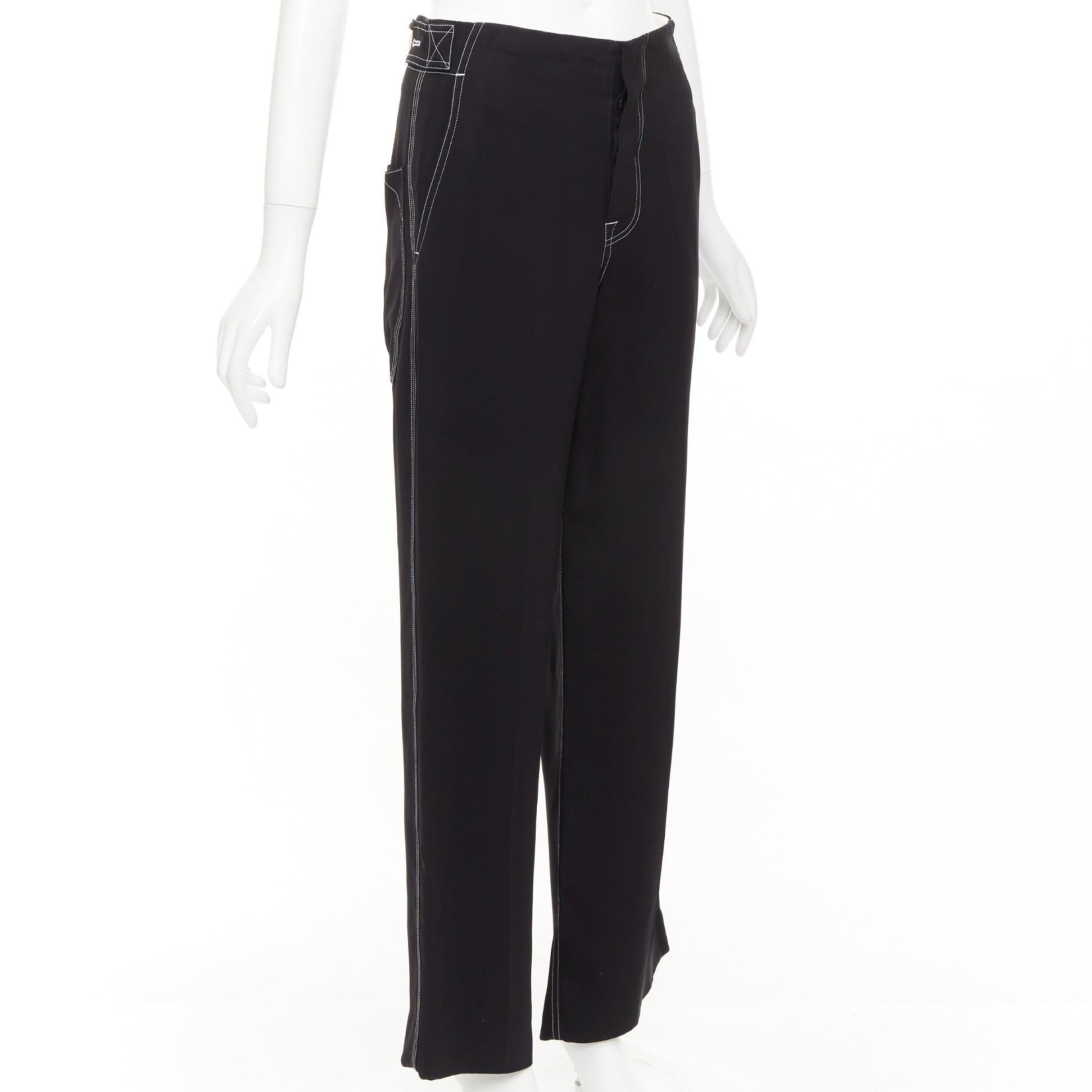 Black CELINE Phoebe Philo black white overstitch red button wide pants FR34 XS