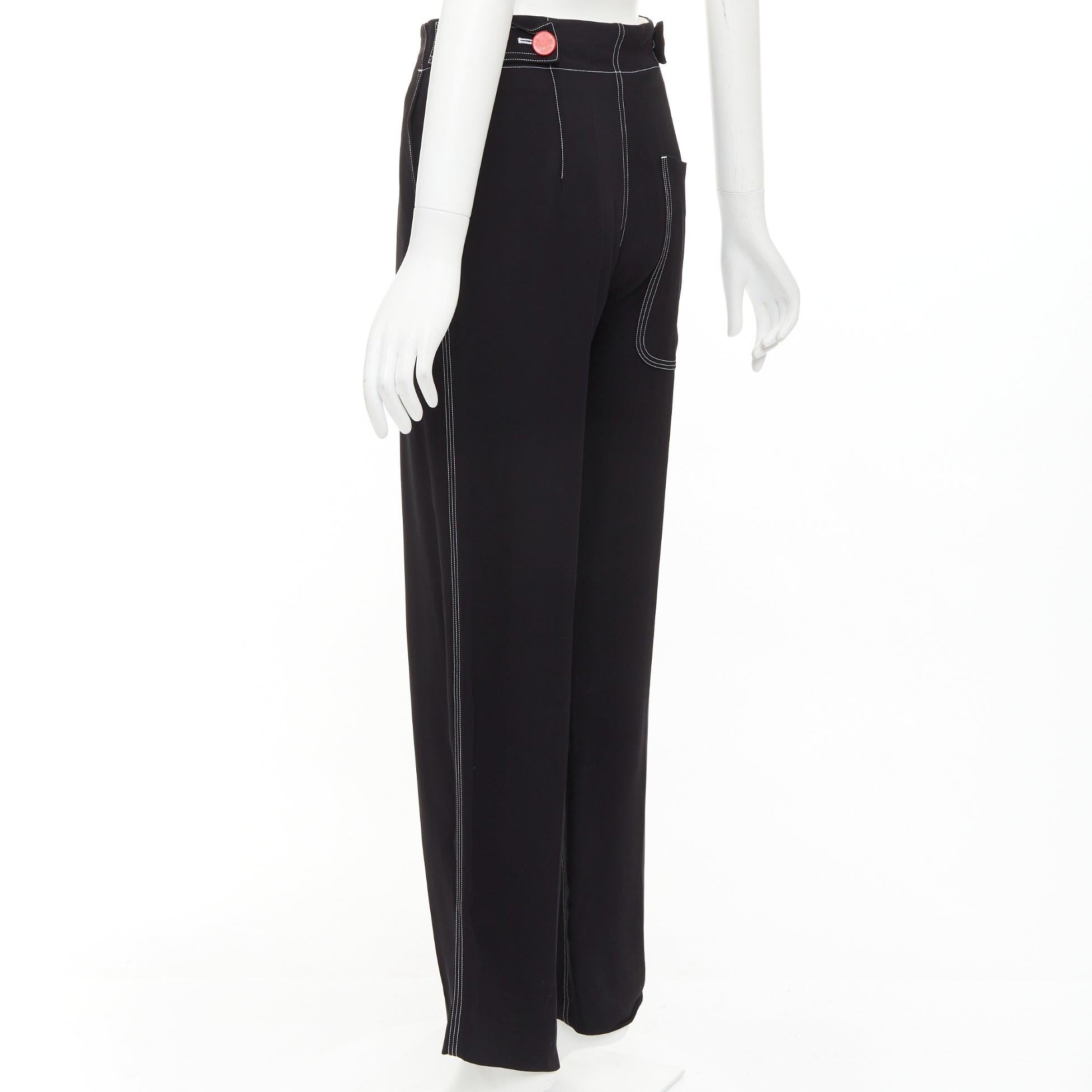 CELINE Phoebe Philo black white overstitch red button wide pants FR34 XS 1