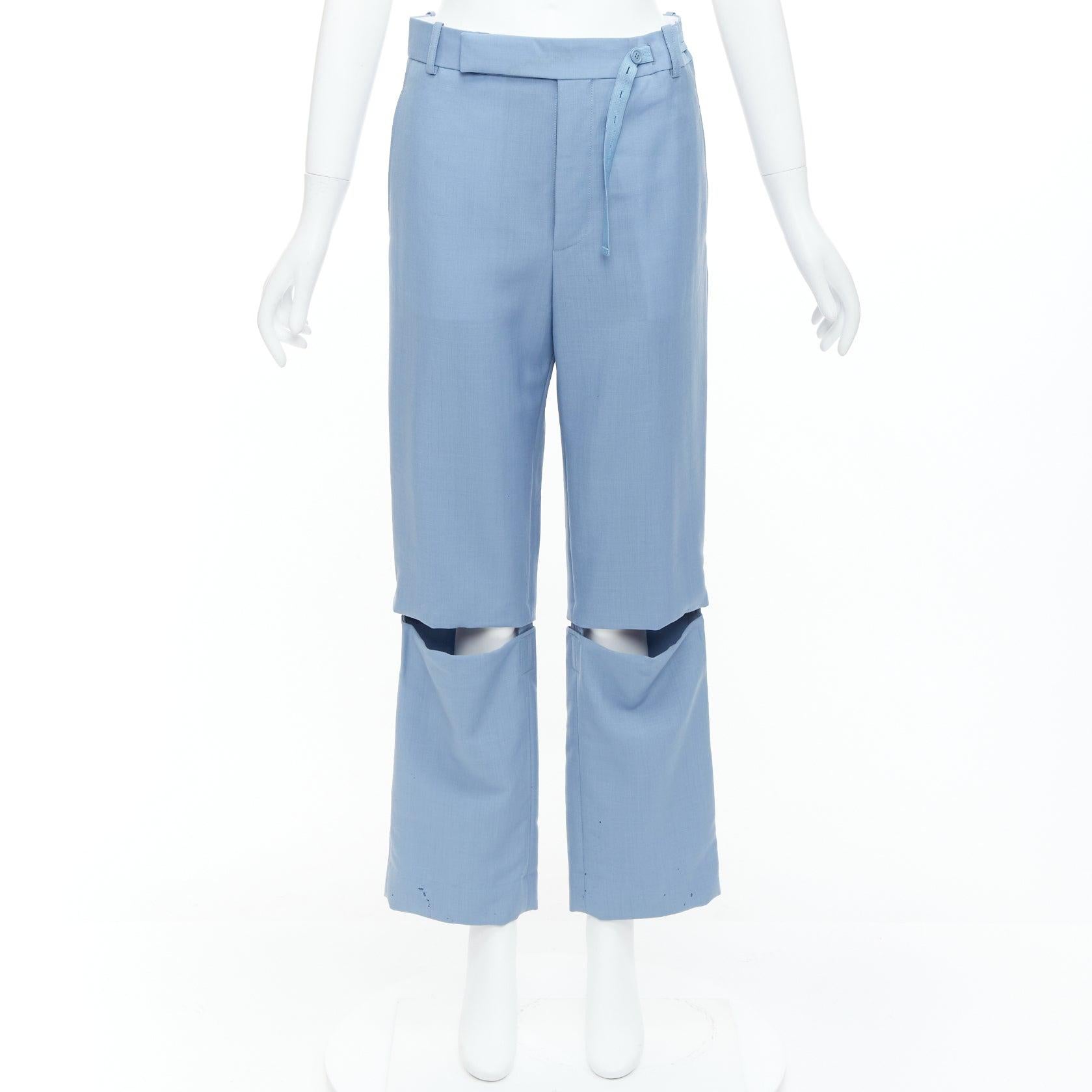 CELINE Phoebe Philo blue mohair wool knee cut out wide trousers FR36 S For Sale 5