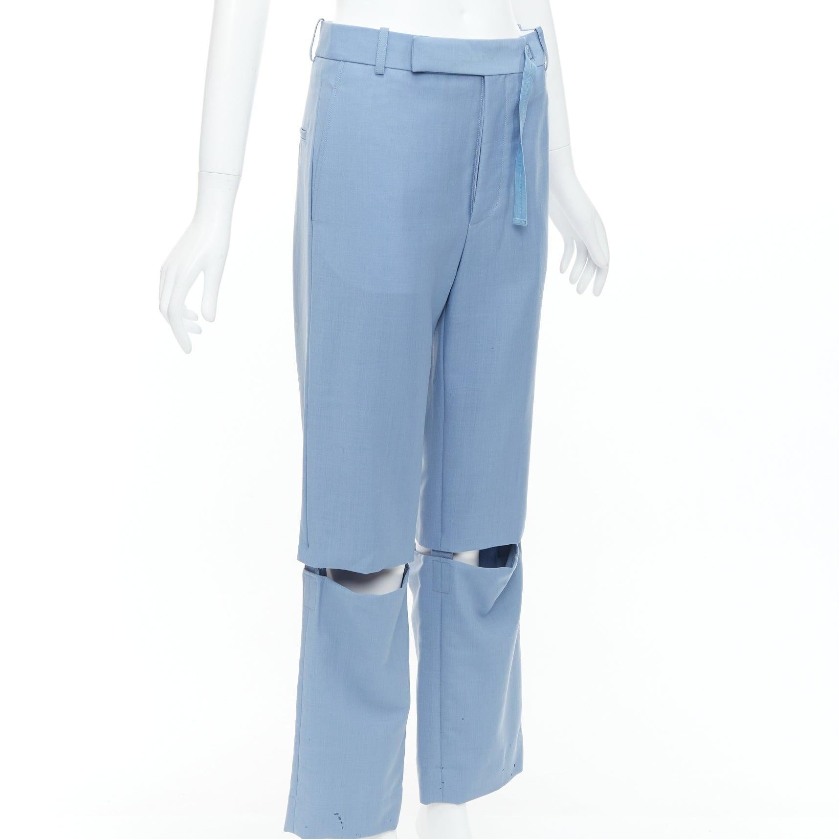 Blue CELINE Phoebe Philo blue mohair wool knee cut out wide trousers FR36 S For Sale
