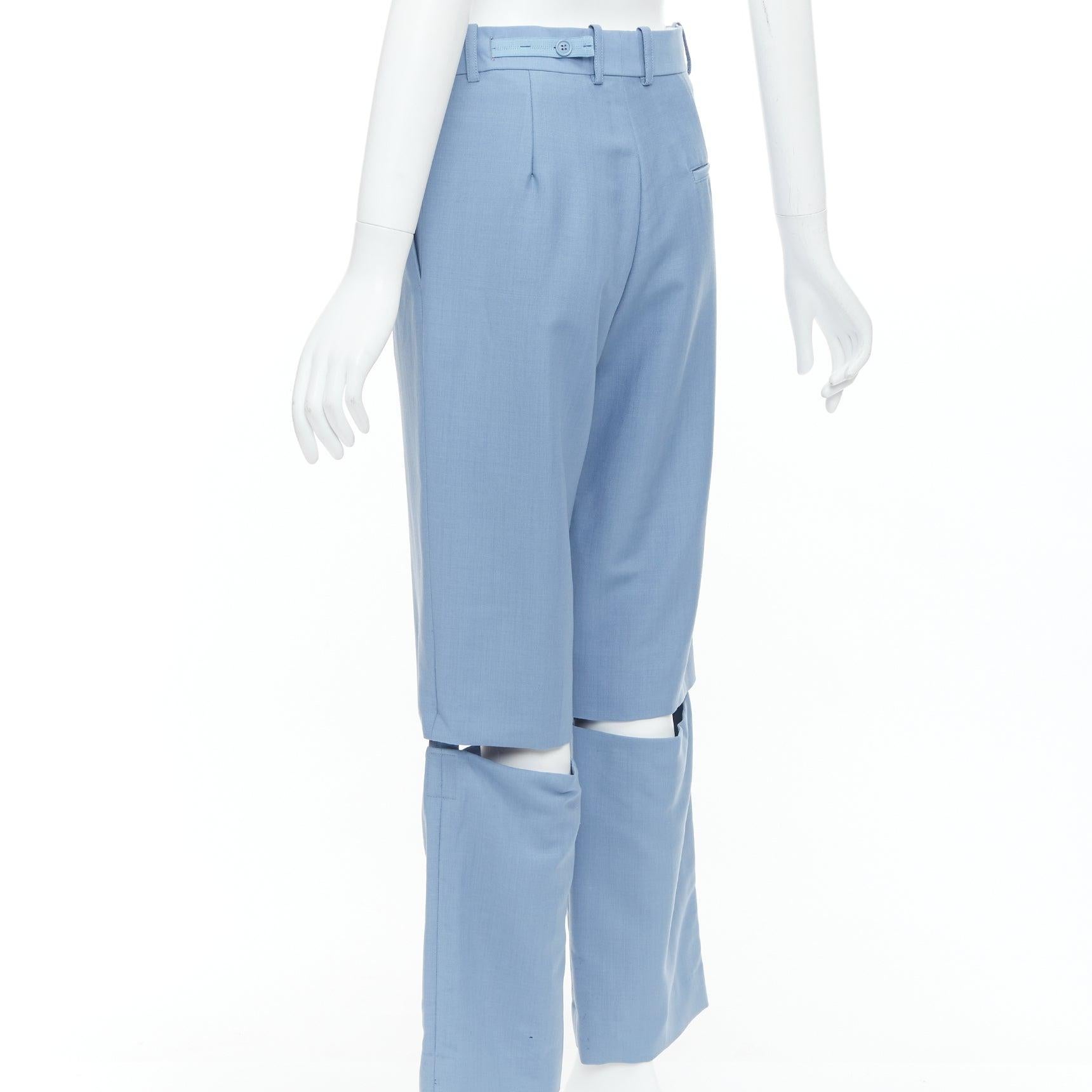 CELINE Phoebe Philo blue mohair wool knee cut out wide trousers FR36 S For Sale 1