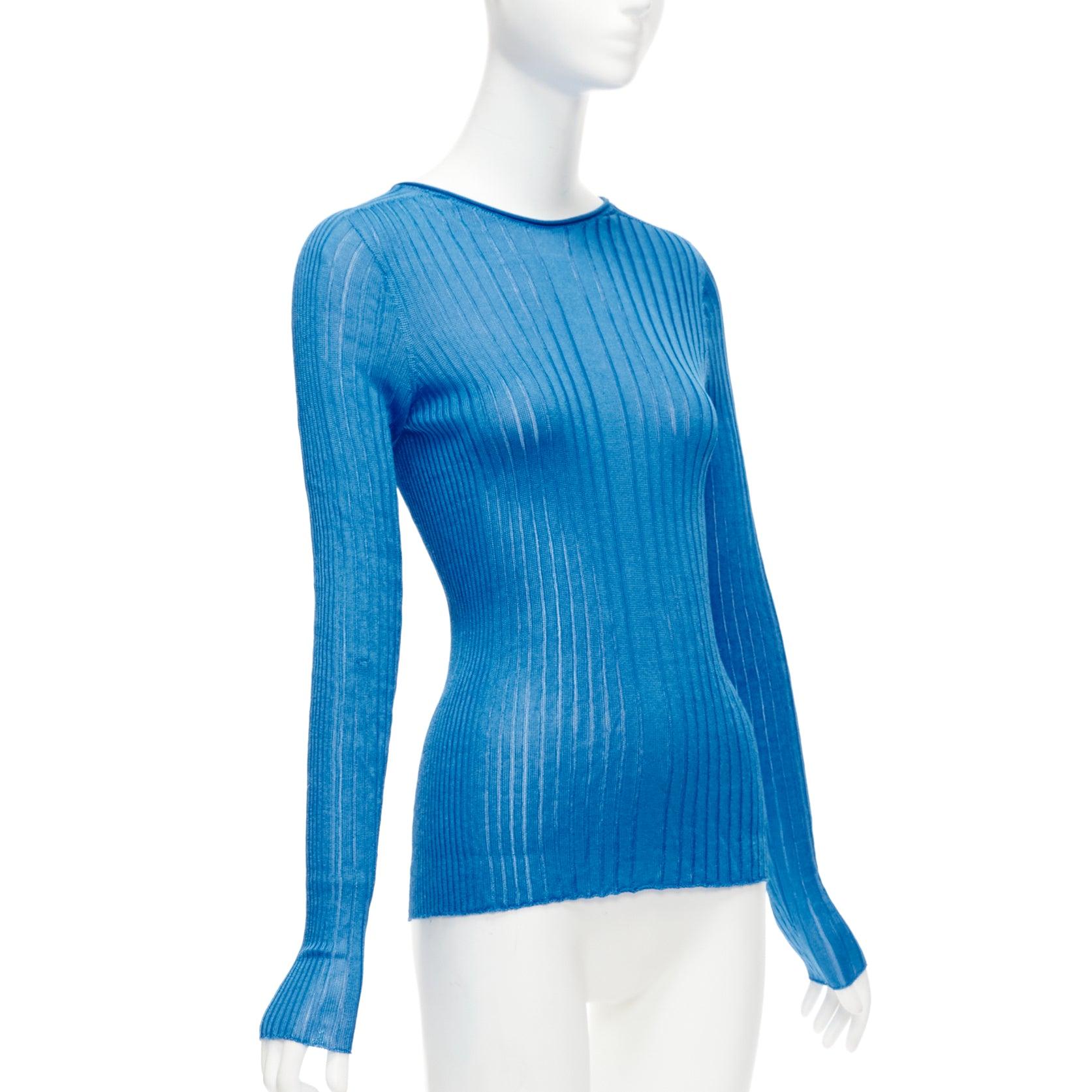 Blue CELINE Phoebe Philo blue semi sheer viscose bateau neck ribbed sweater L For Sale