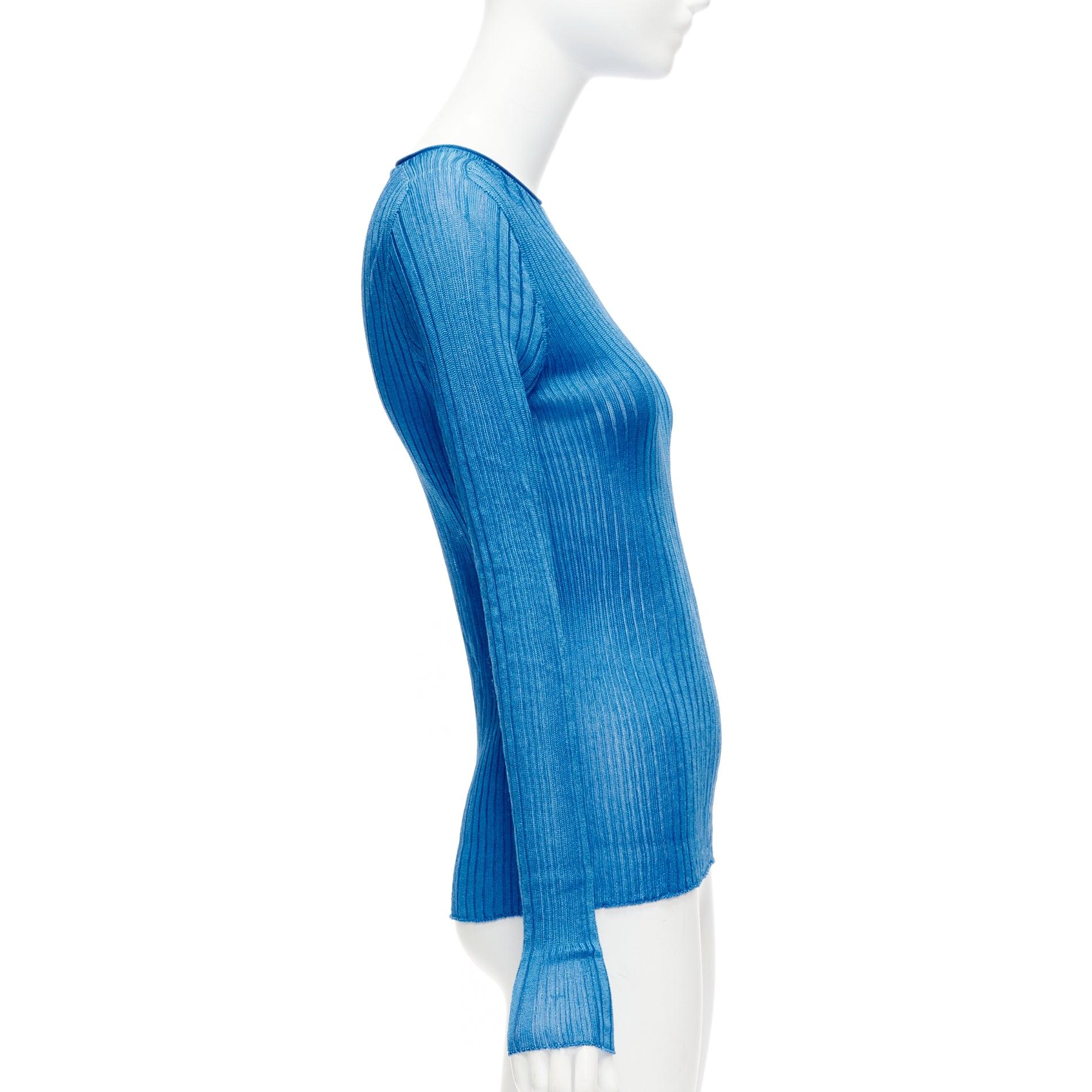 Women's CELINE Phoebe Philo blue semi sheer viscose bateau neck ribbed sweater L For Sale