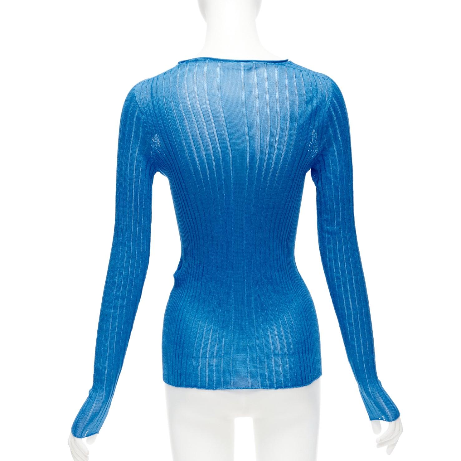 CELINE Phoebe Philo blue semi sheer viscose bateau neck ribbed sweater L For Sale 1