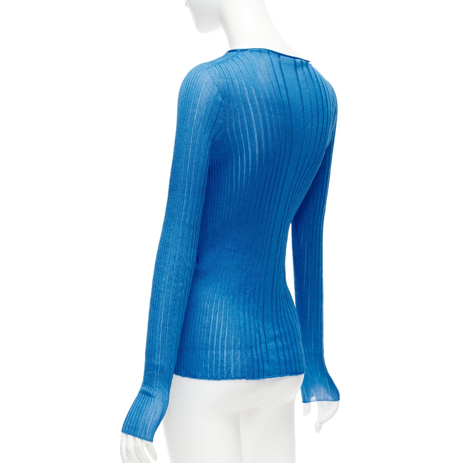 CELINE Phoebe Philo blue semi sheer viscose bateau neck ribbed sweater L For Sale 2