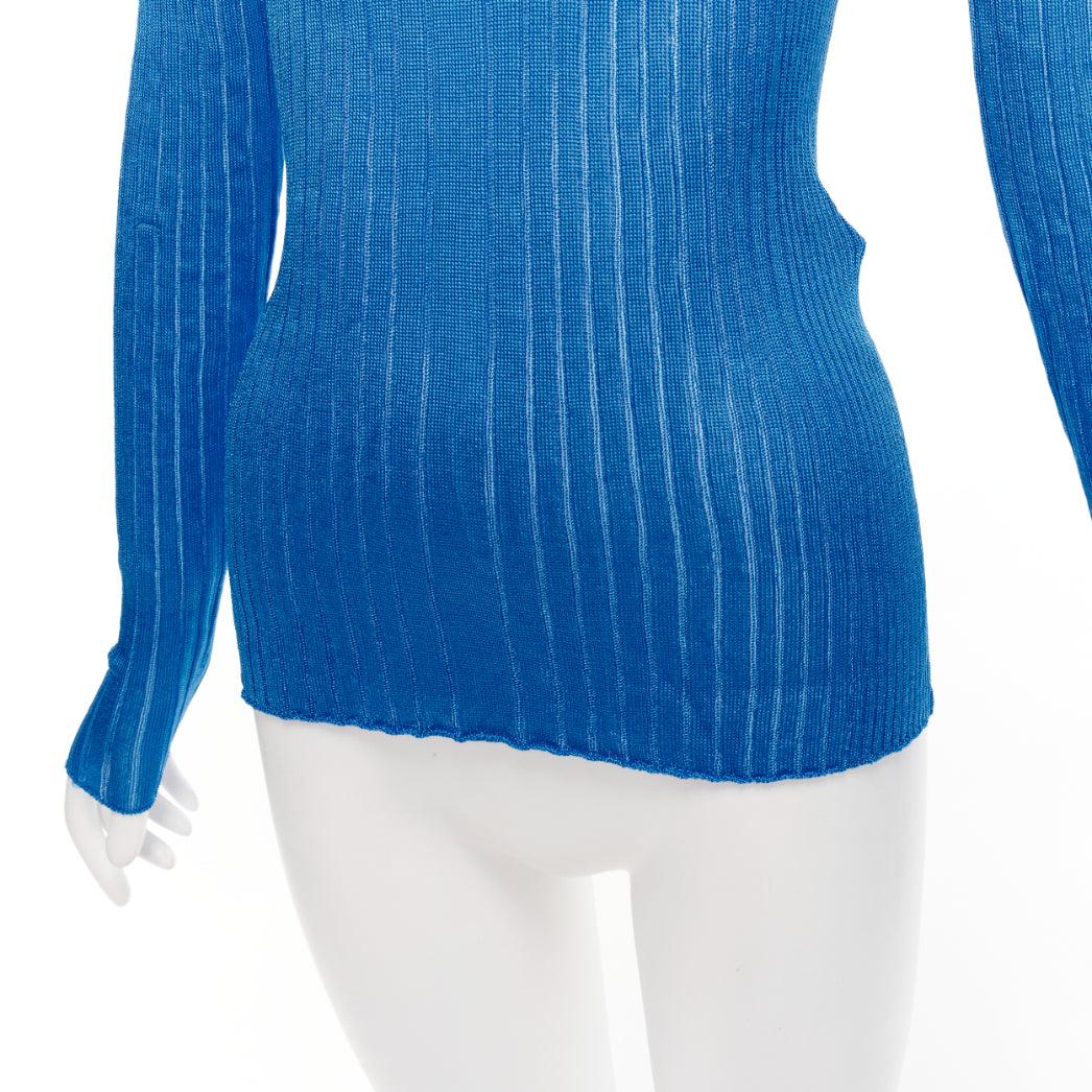 CELINE Phoebe Philo blue semi sheer viscose bateau neck ribbed sweater L For Sale 2
