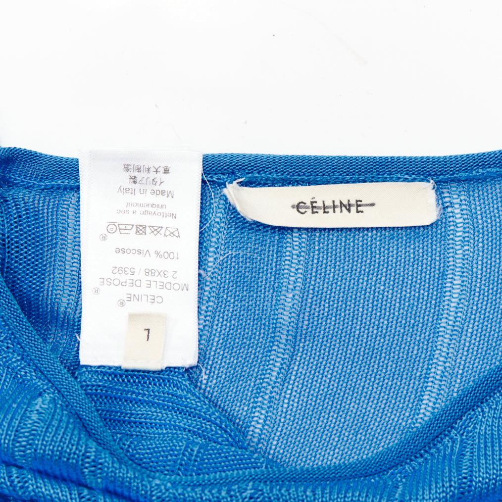 CELINE Phoebe Philo blue semi sheer viscose bateau neck ribbed sweater L For Sale 4