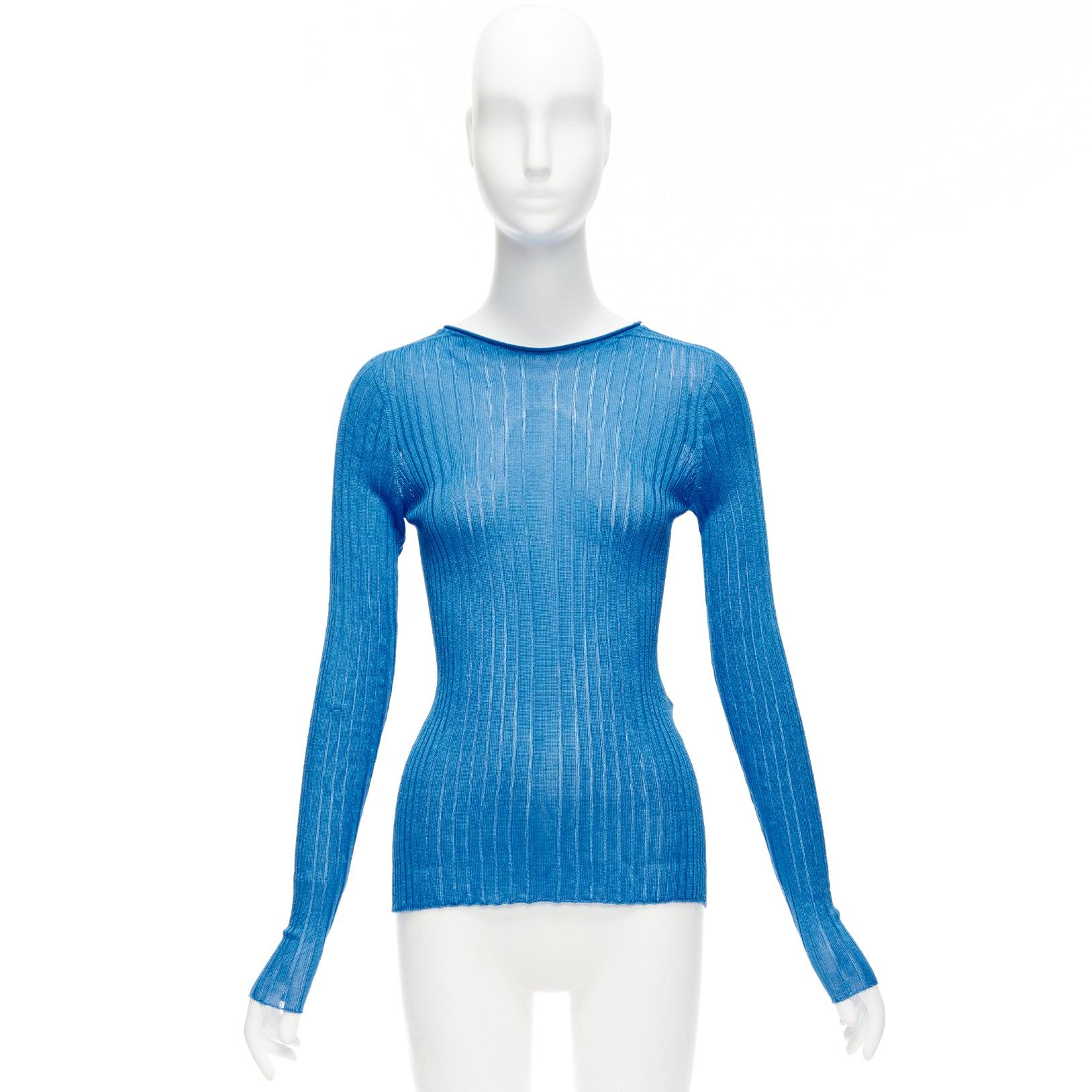 CELINE Phoebe Philo blue semi sheer viscose bateau neck ribbed sweater L For Sale 4